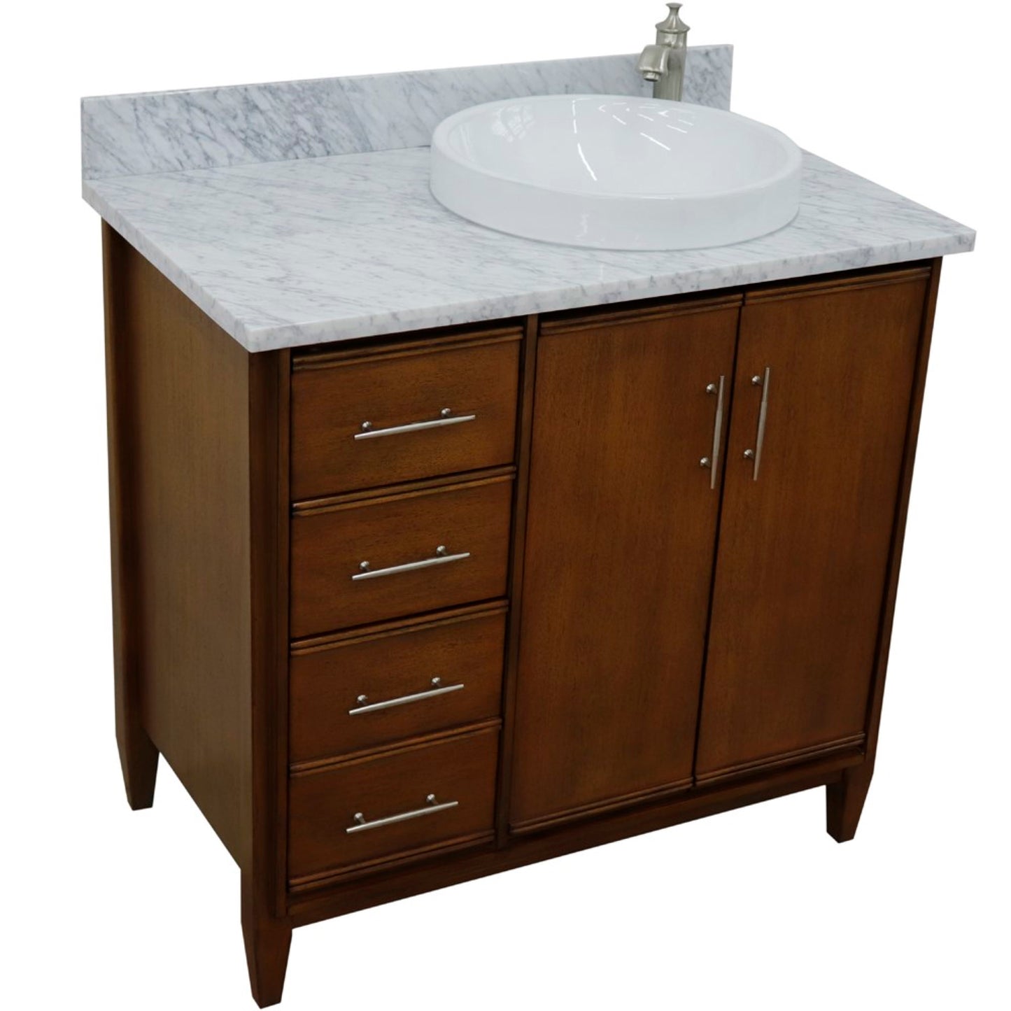37" Single vanity in Walnut finish with White Carrara and round sink Right door/Right sink