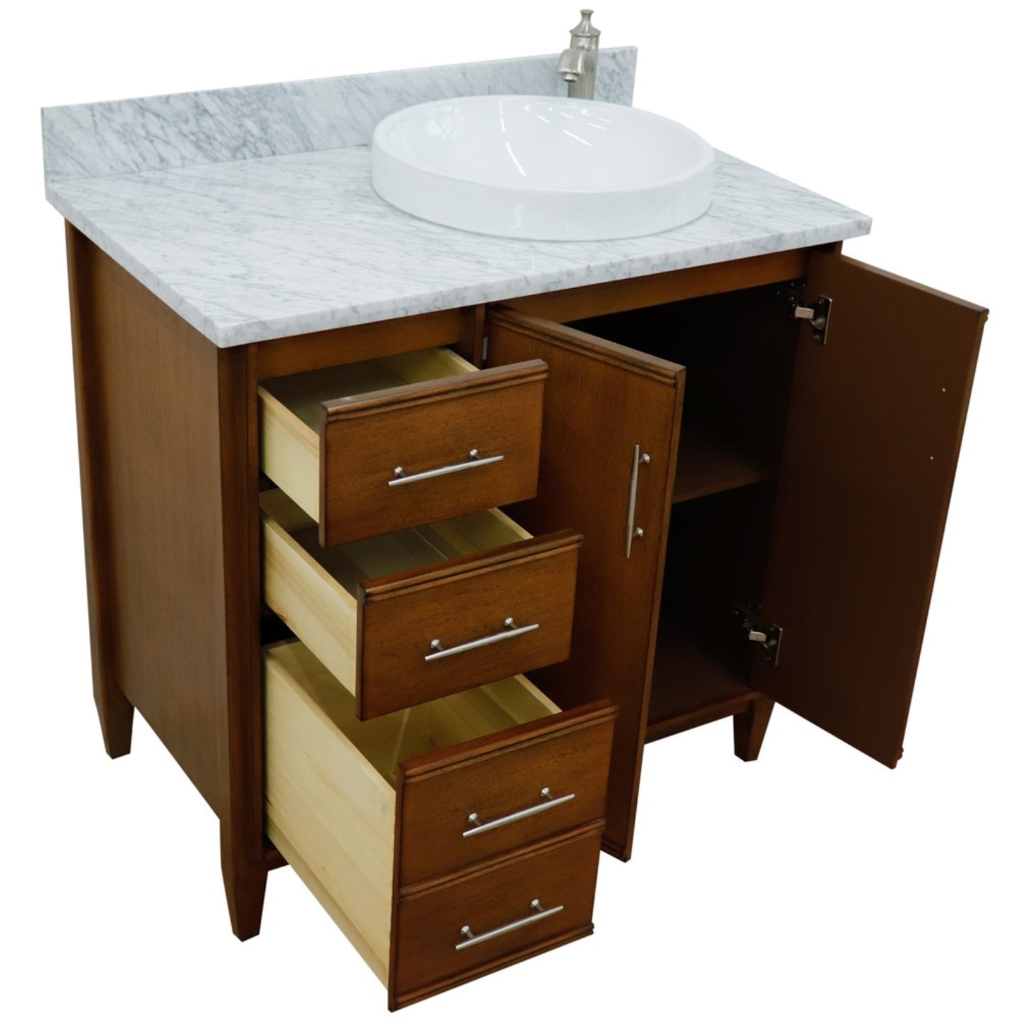 37" Single vanity in Walnut finish with White Carrara and round sink Right door/Right sink