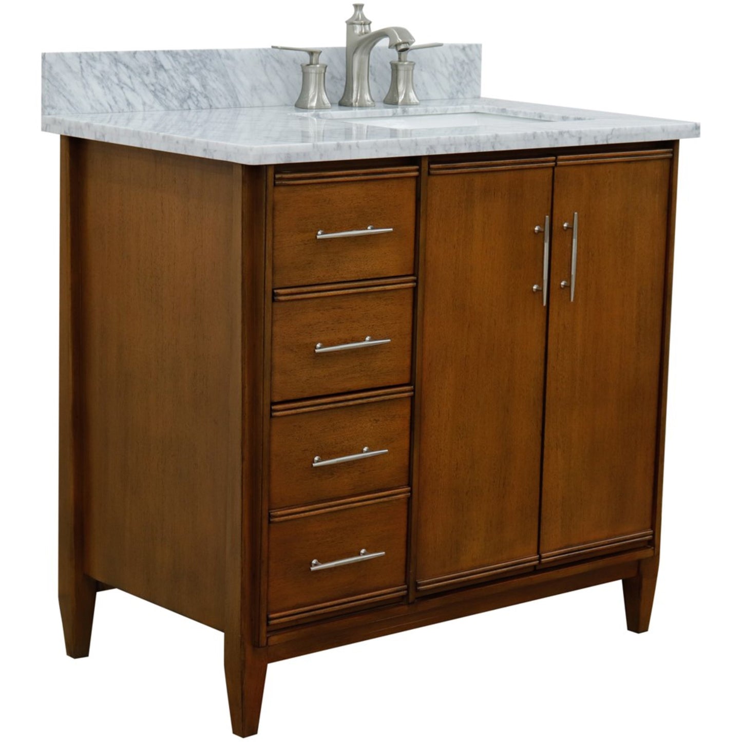 37" Single vanity in Walnut finish with White Carrara and rectangle sink Right door/Right sink