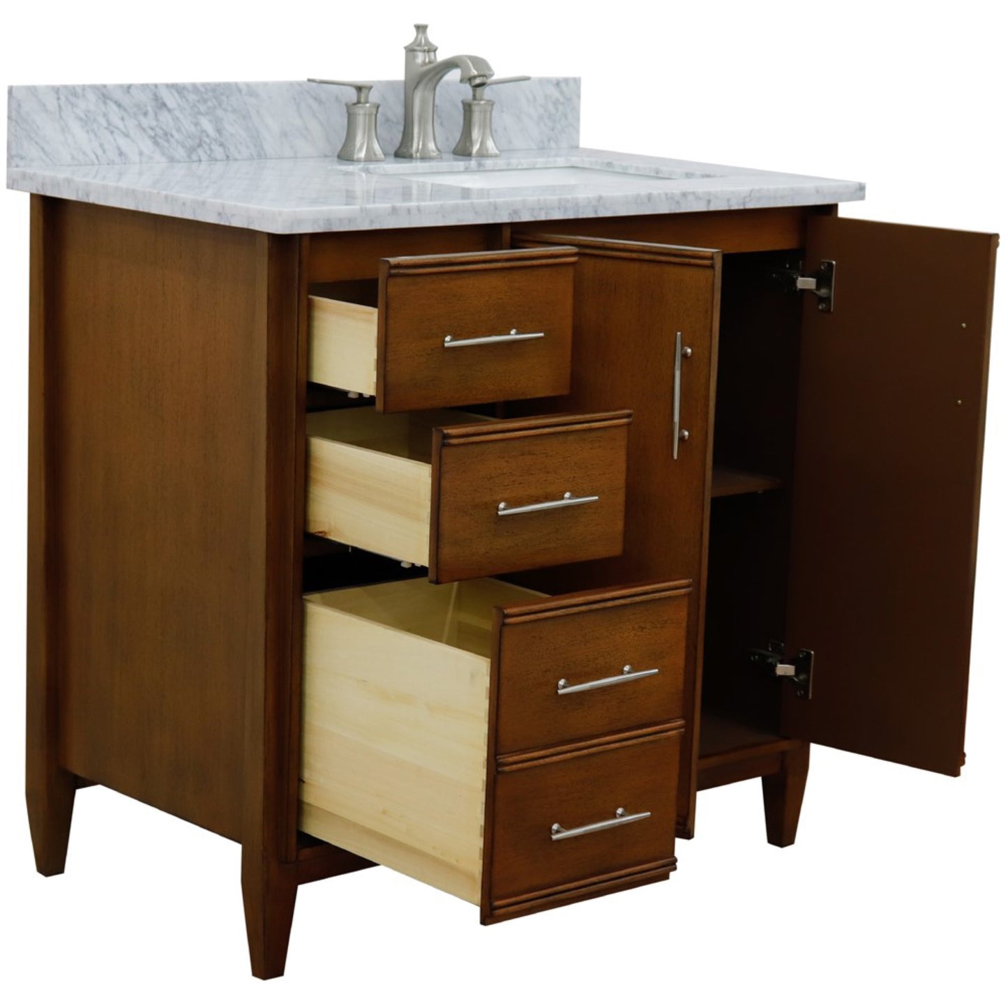 37" Single vanity in Walnut finish with White Carrara and rectangle sink Right door/Right sink