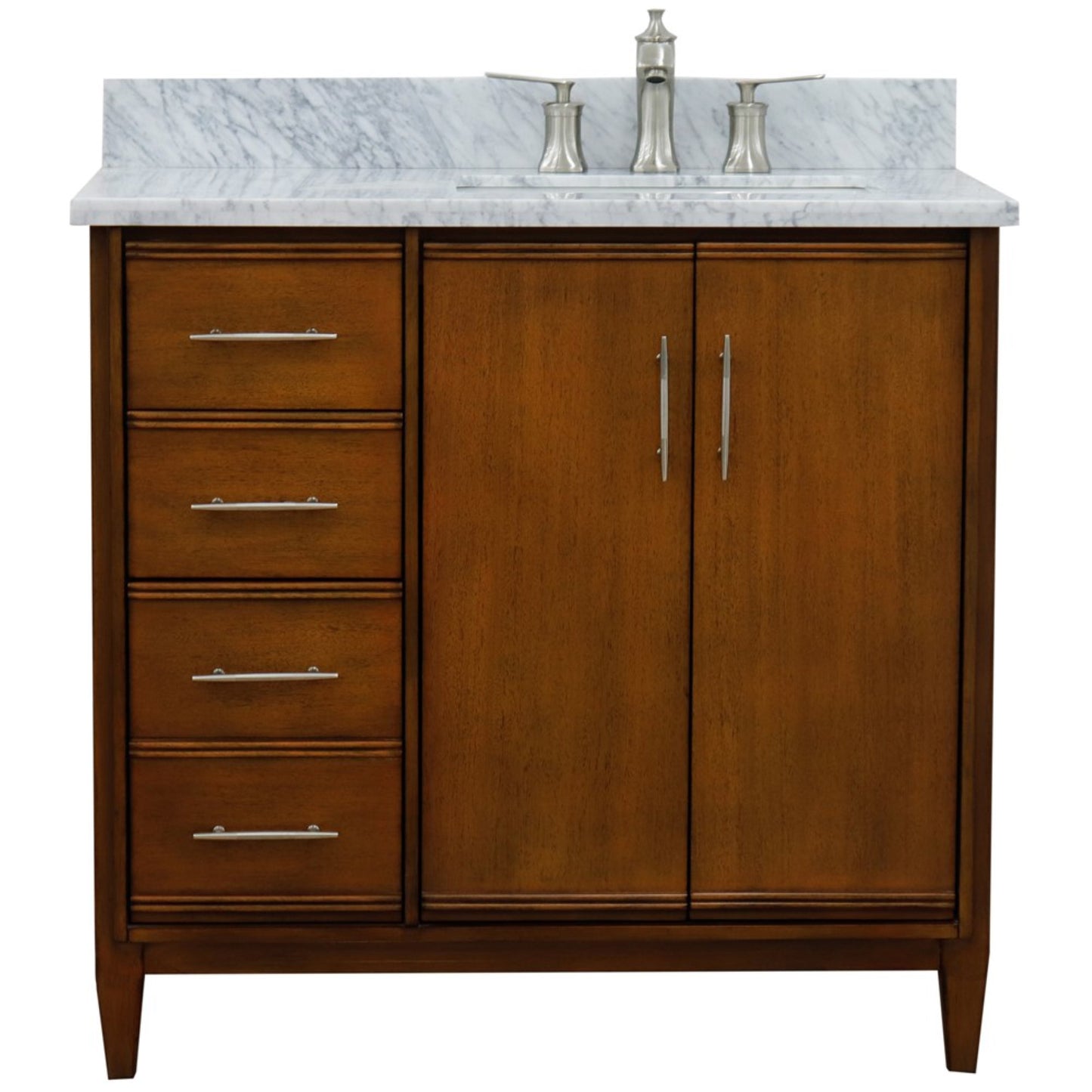 37" Single vanity in Walnut finish with White Carrara and rectangle sink Right door/Right sink