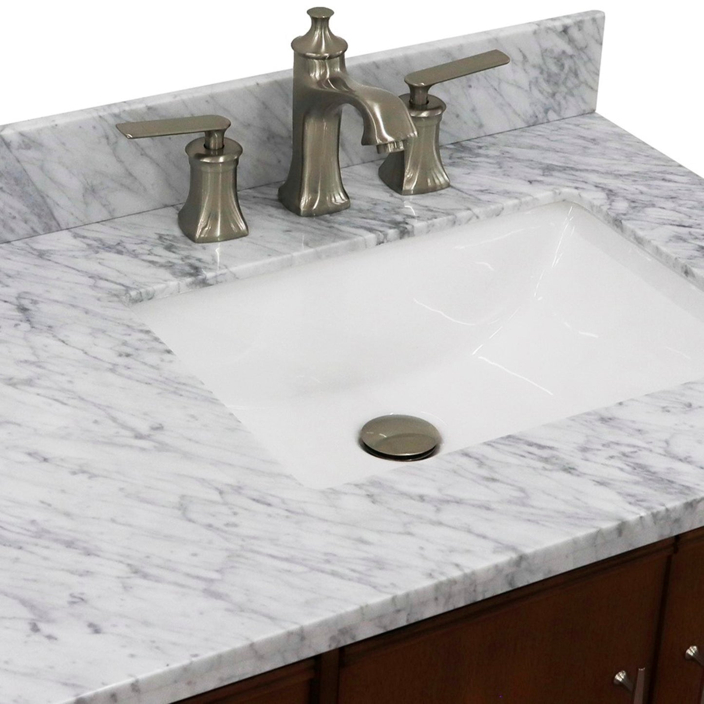 37" Single vanity in Walnut finish with White Carrara and rectangle sink Right door/Right sink