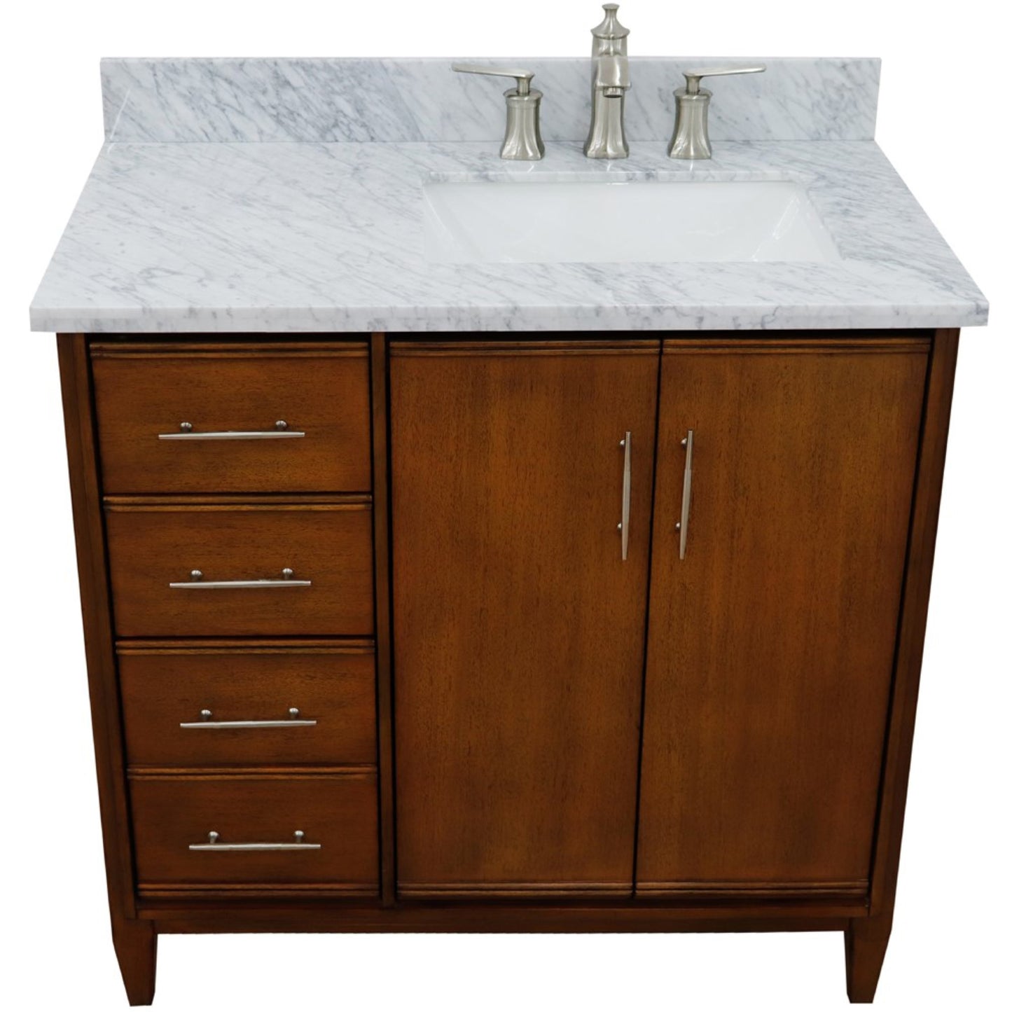 37" Single vanity in Walnut finish with White Carrara and rectangle sink Right door/Right sink