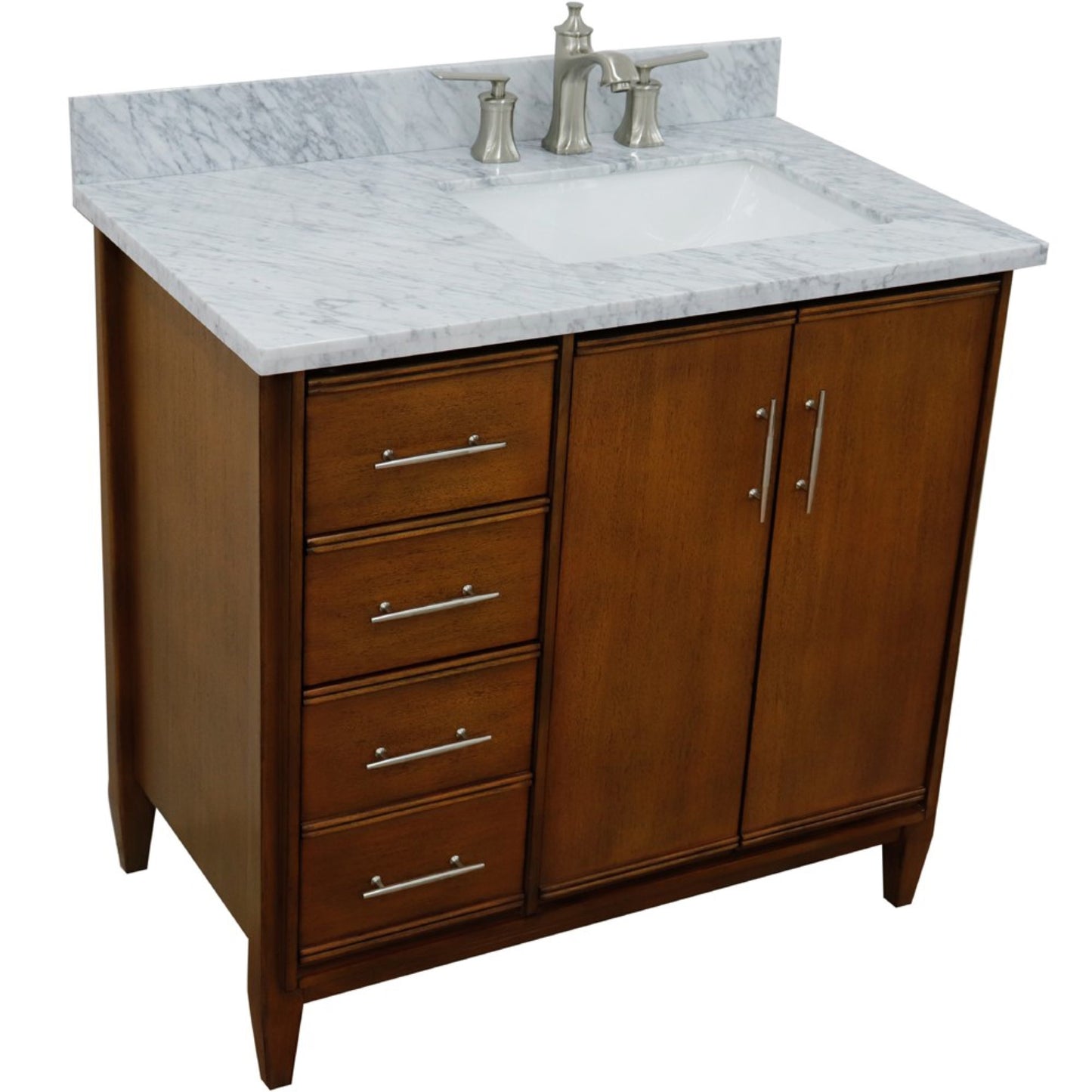 37" Single vanity in Walnut finish with White Carrara and rectangle sink Right door/Right sink