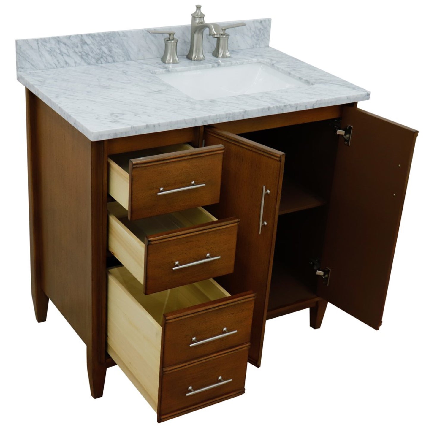 37" Single vanity in Walnut finish with White Carrara and rectangle sink Right door/Right sink