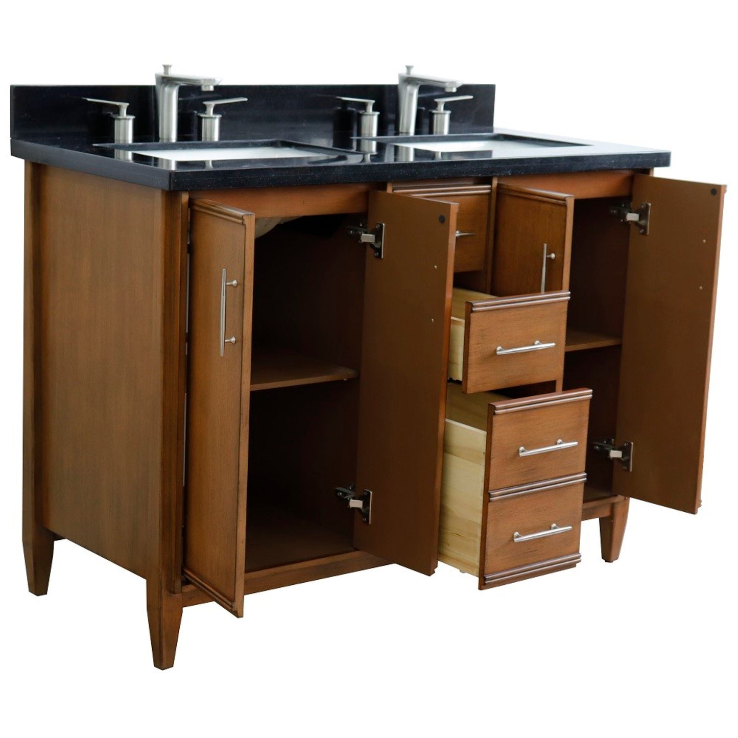 49" Double sink vanity in Walnut finish with Black galaxy granite and rectangle sink