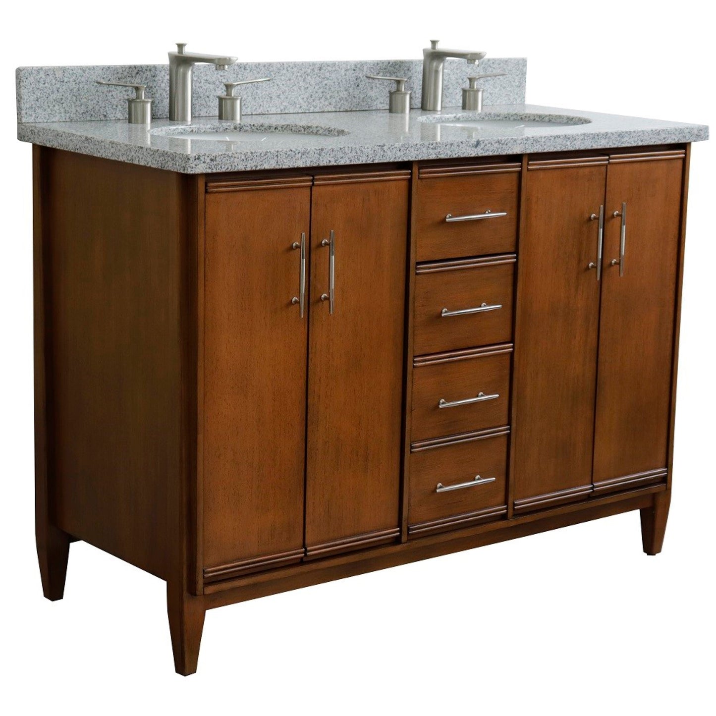 49" Double sink vanity in Walnut finish with Gray granite and oval sink