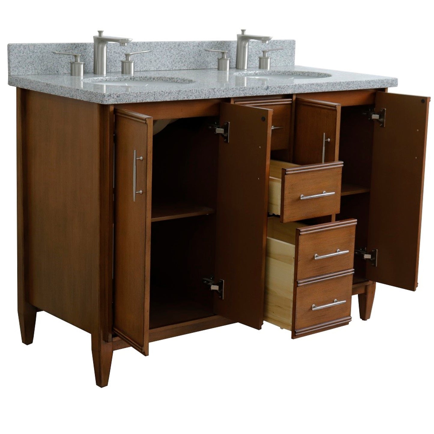 49" Double sink vanity in Walnut finish with Gray granite and oval sink