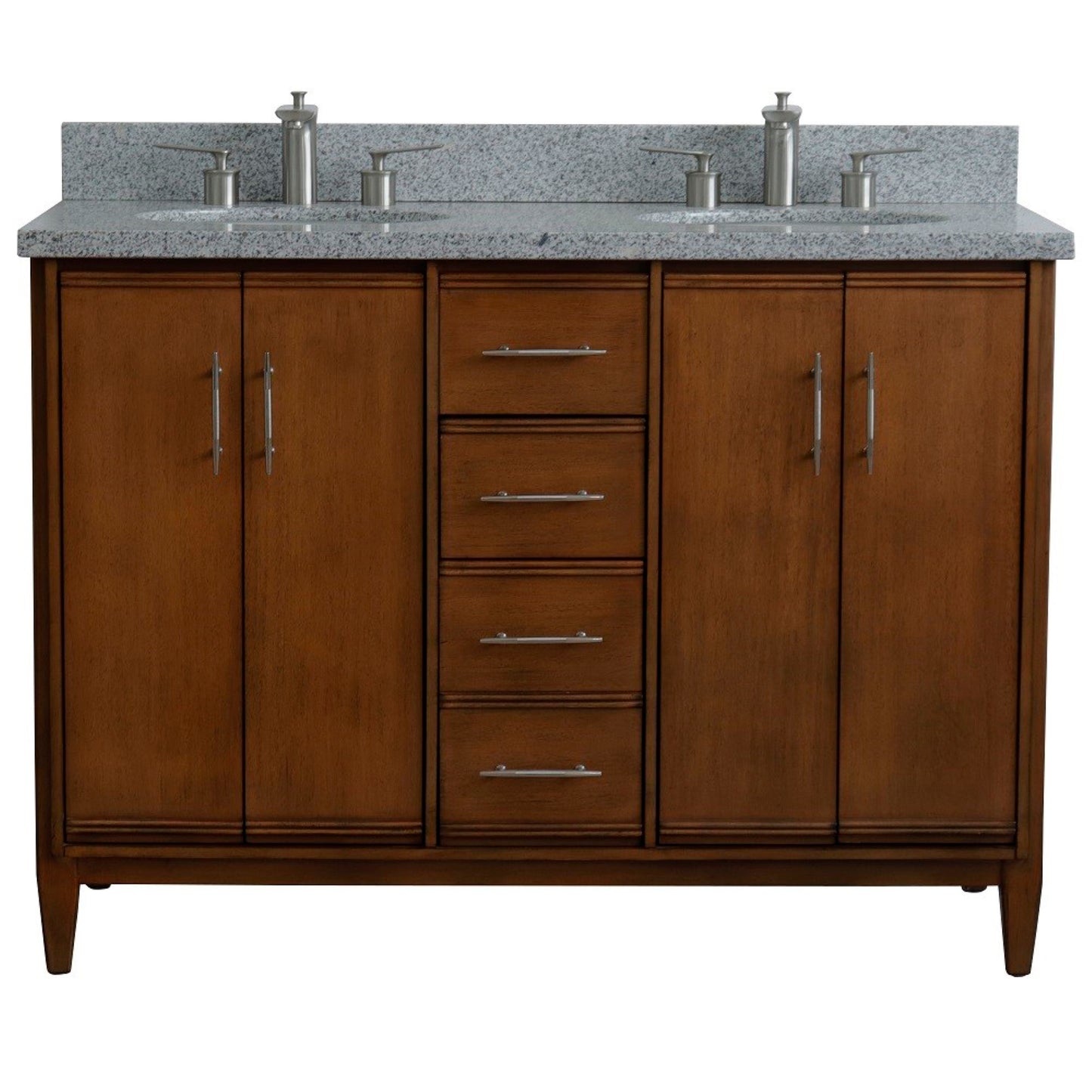 49" Double sink vanity in Walnut finish with Gray granite and oval sink