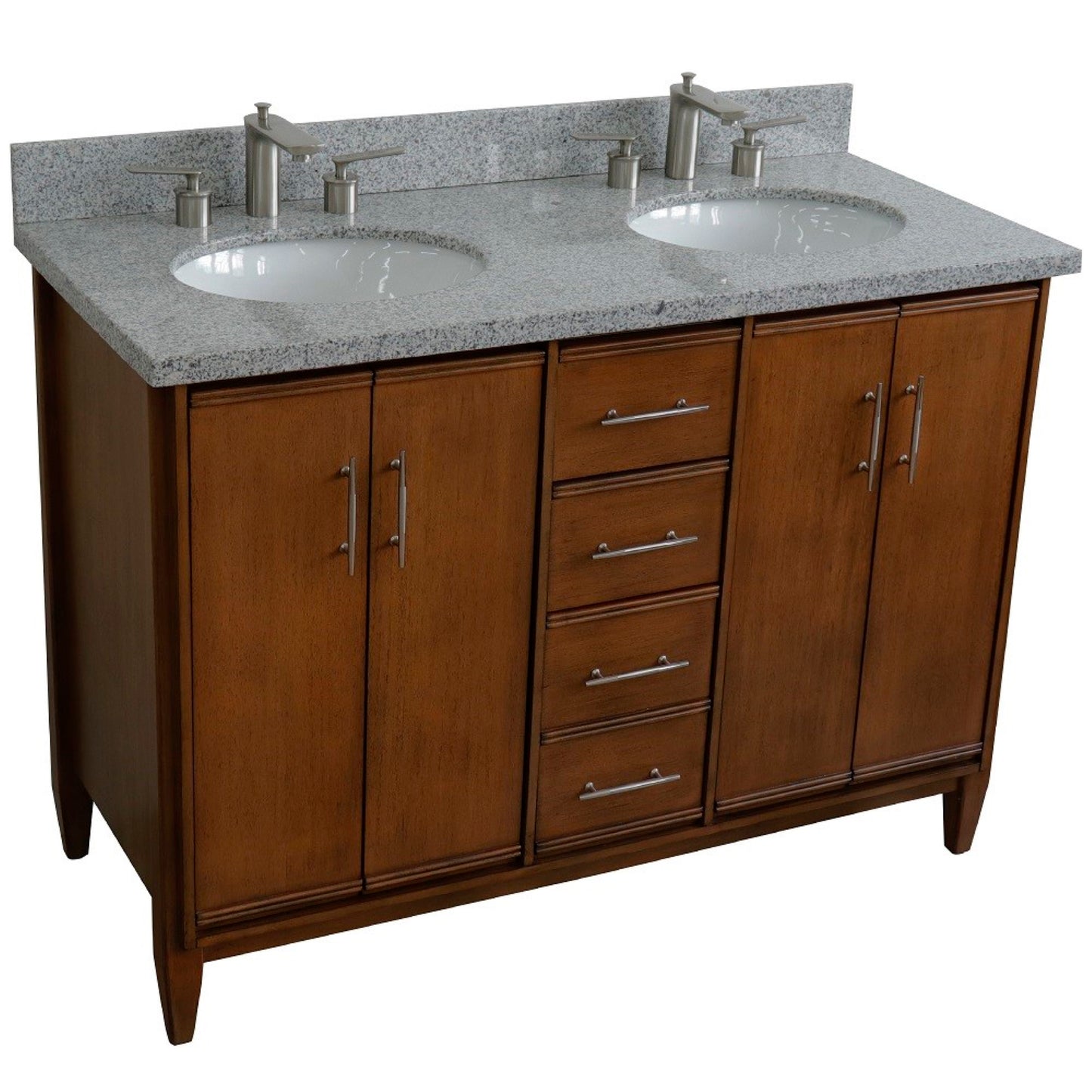 49" Double sink vanity in Walnut finish with Gray granite and oval sink