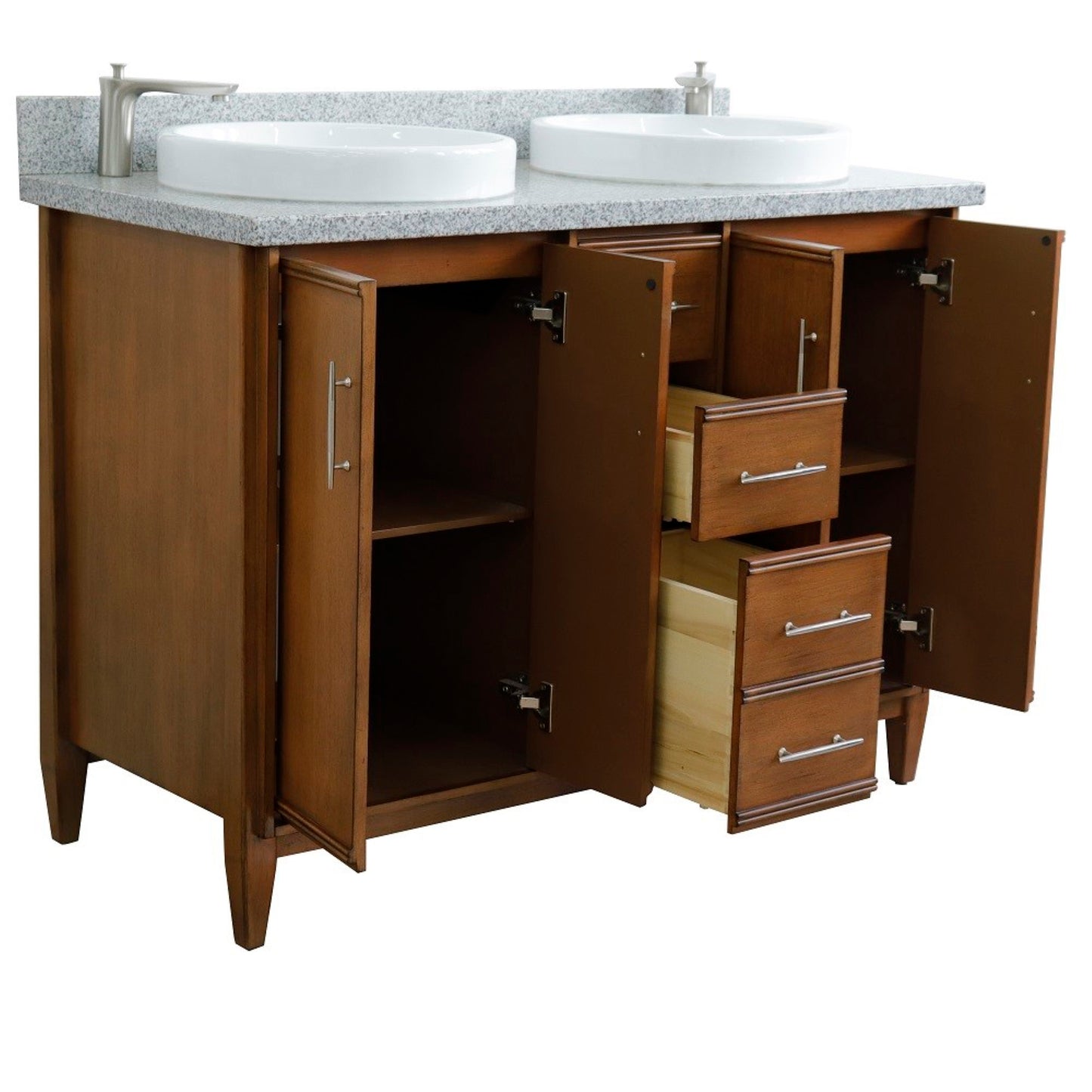 49" Double sink vanity in Walnut finish with Gray granite and round sink