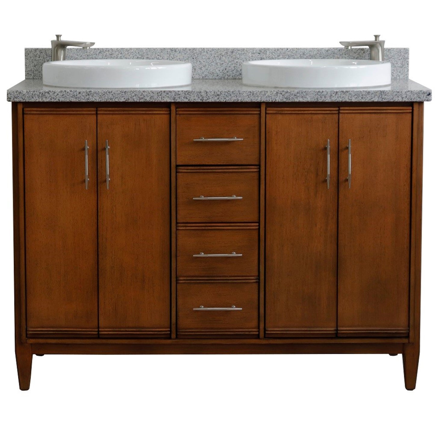 49" Double sink vanity in Walnut finish with Gray granite and round sink