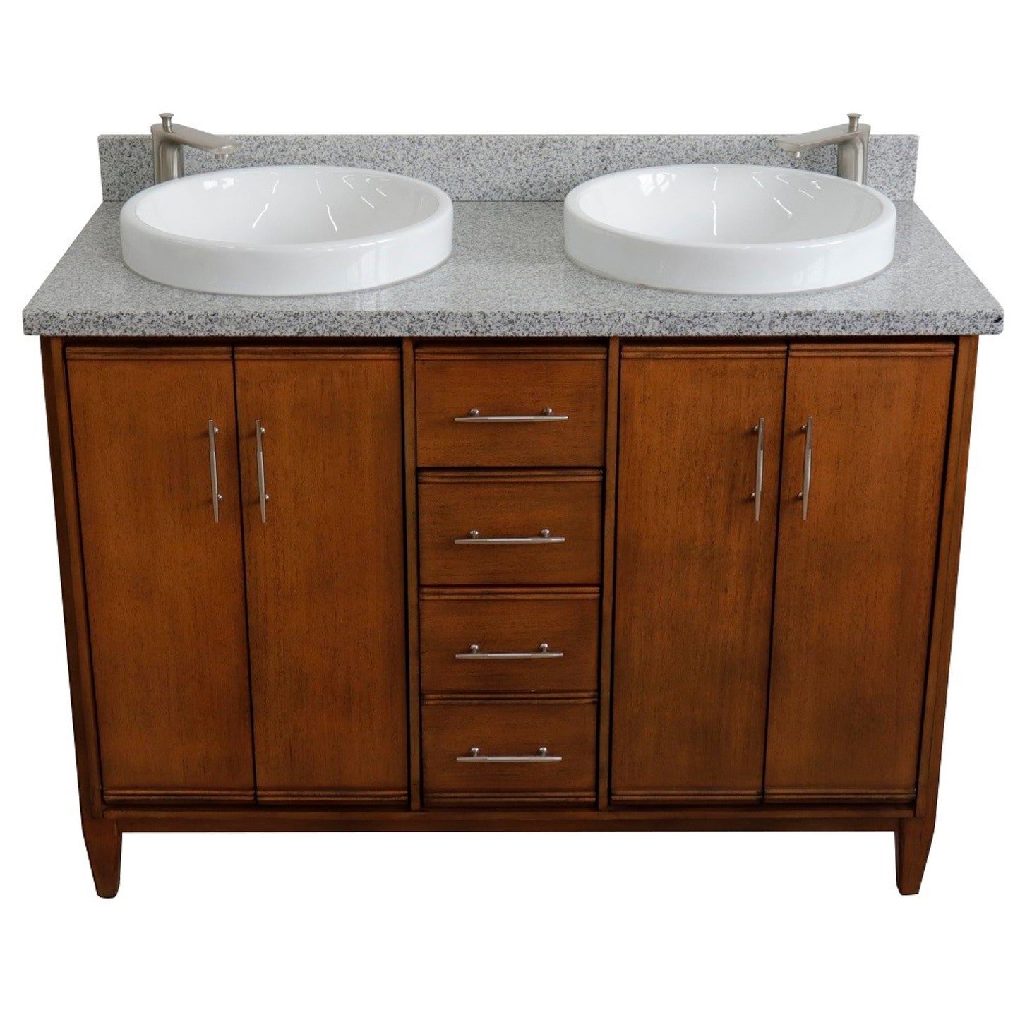 49" Double sink vanity in Walnut finish with Gray granite and round sink