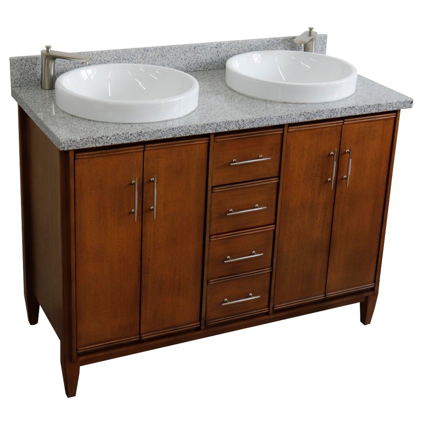 49" Double sink vanity in Walnut finish with Gray granite and round sink