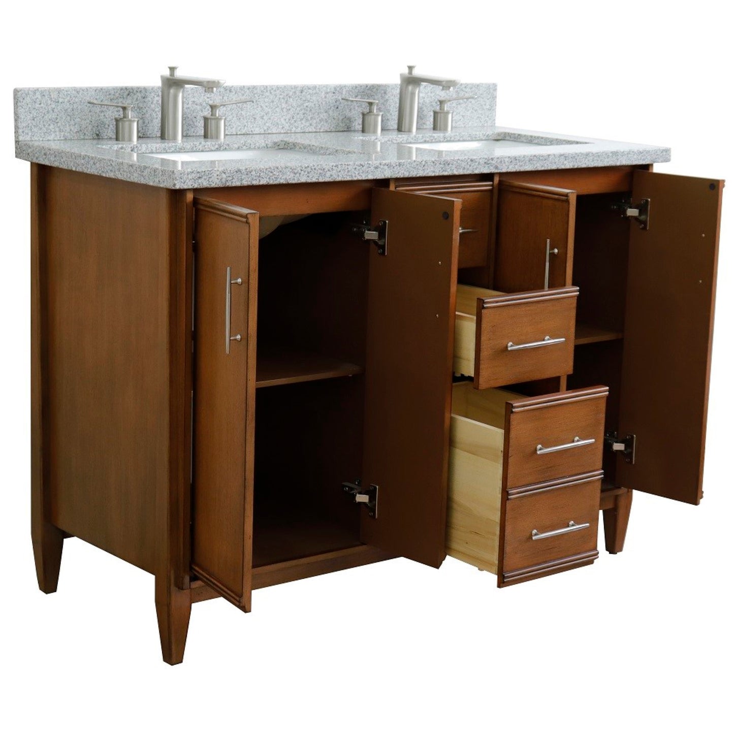 49" Double sink vanity in Walnut finish with Gray granite and rectangle sink