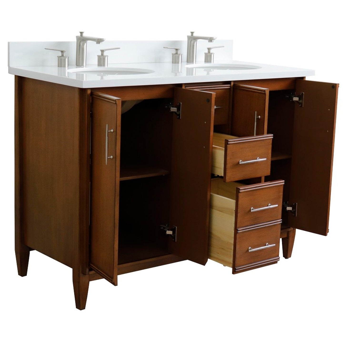49" Double sink vanity in Walnut finish with White engineered stone and oval sink