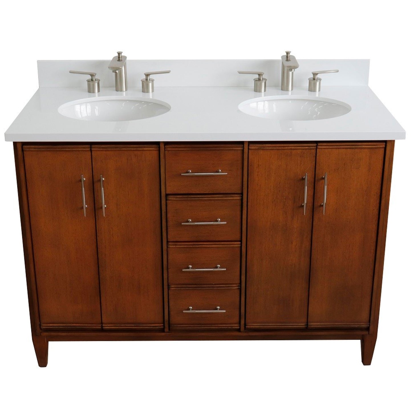 49" Double sink vanity in Walnut finish with White engineered stone and oval sink