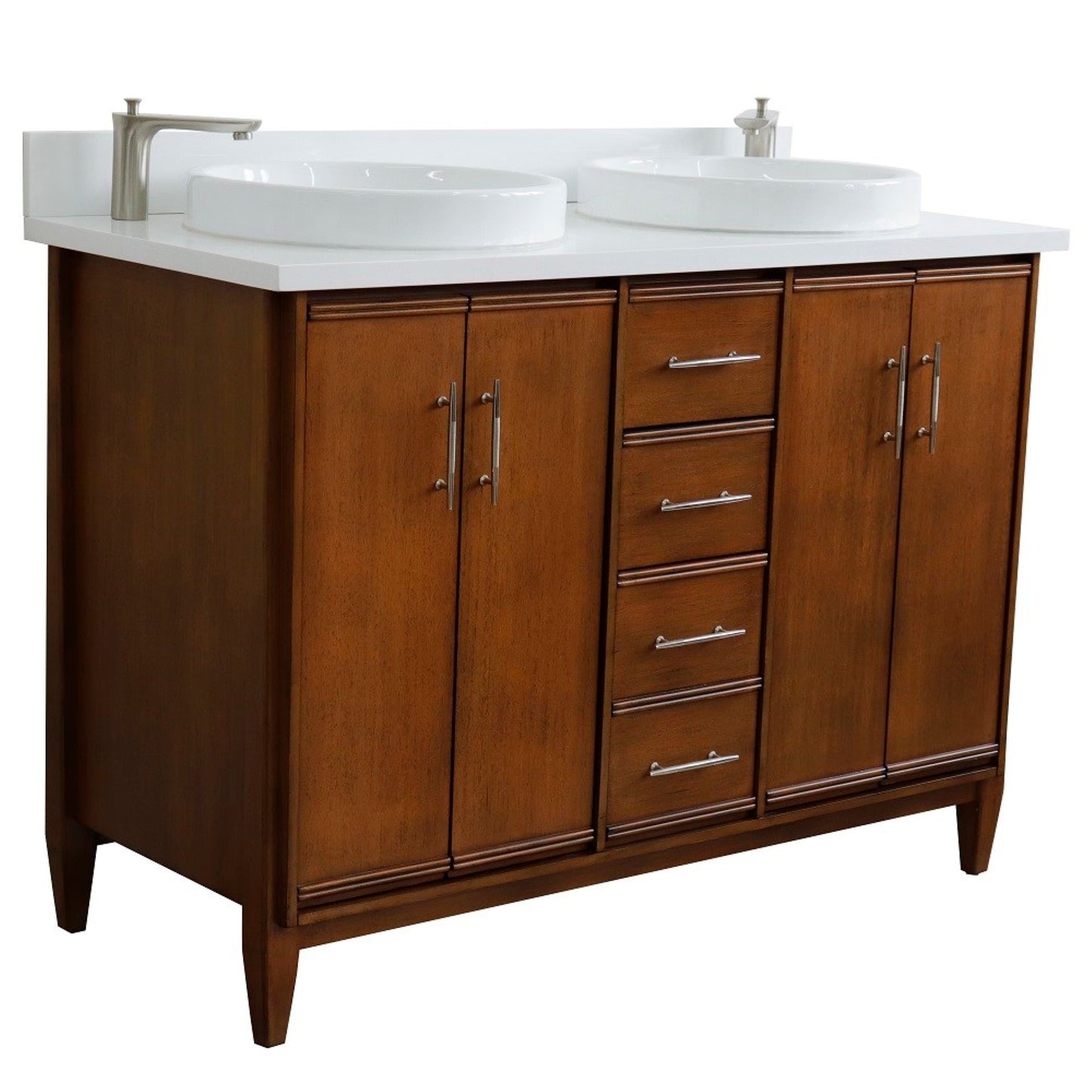 49" Double sink vanity in Walnut finish with White engineered stone and round sink