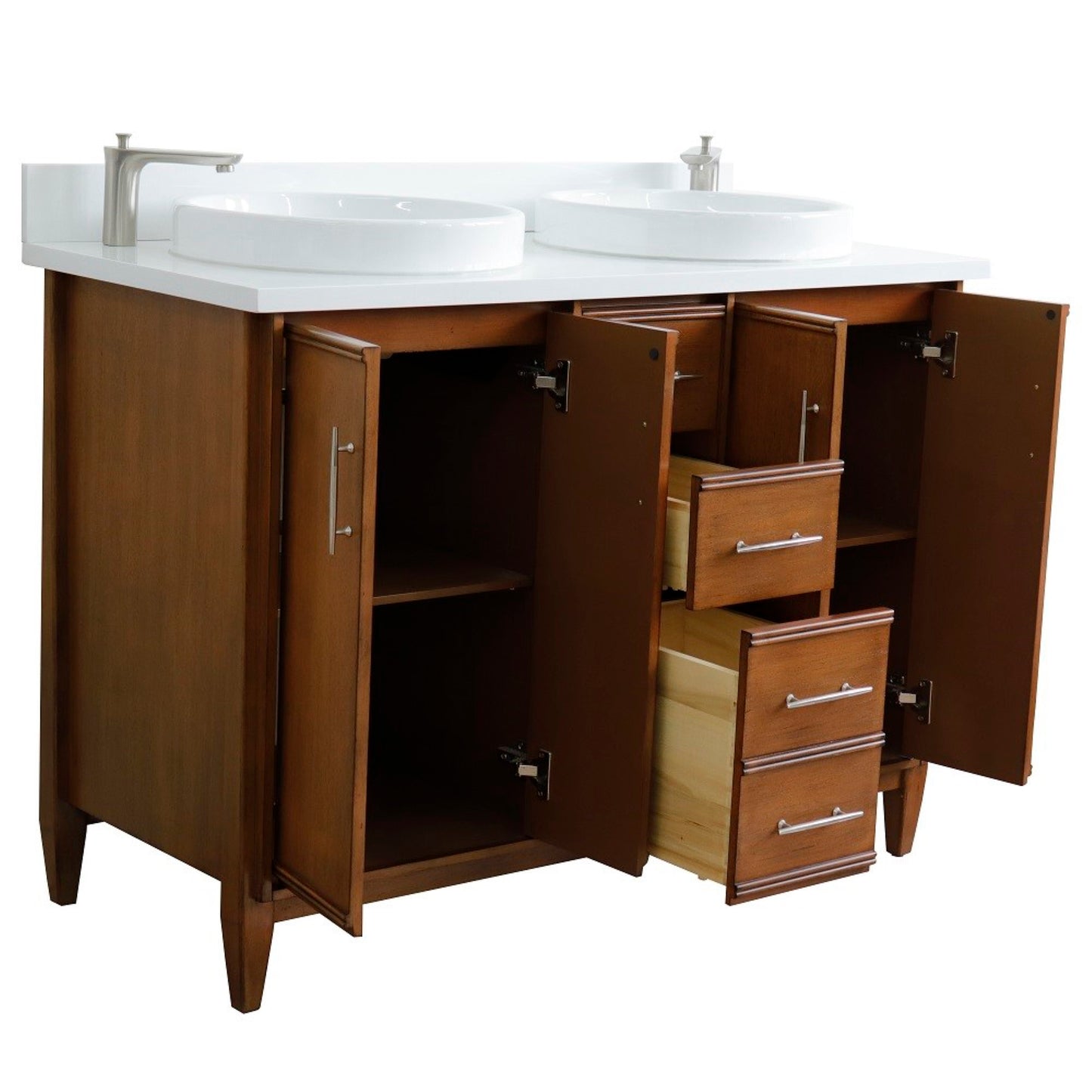 49" Double sink vanity in Walnut finish with White engineered stone and round sink