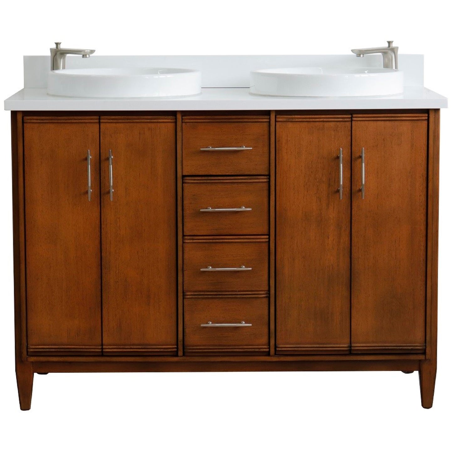 49" Double sink vanity in Walnut finish with White engineered stone and round sink
