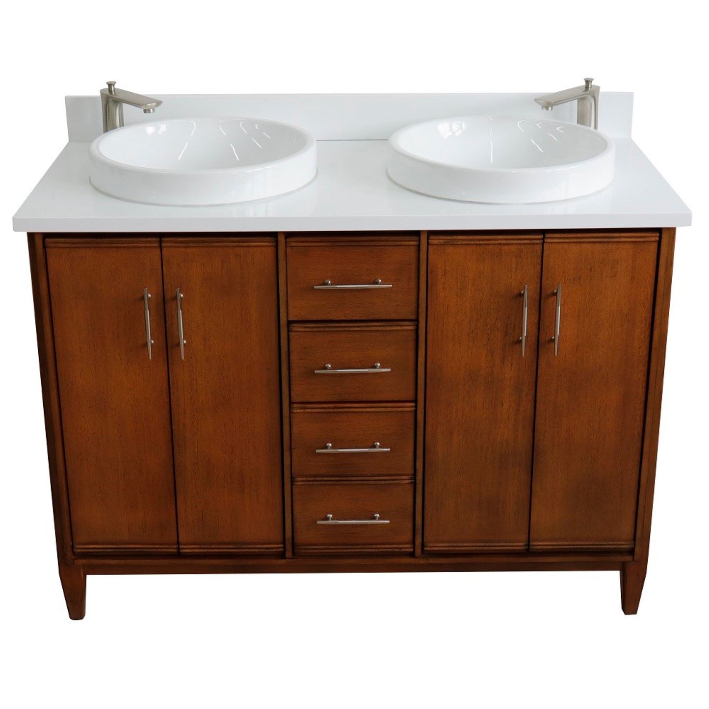 49" Double sink vanity in Walnut finish with White engineered stone and round sink