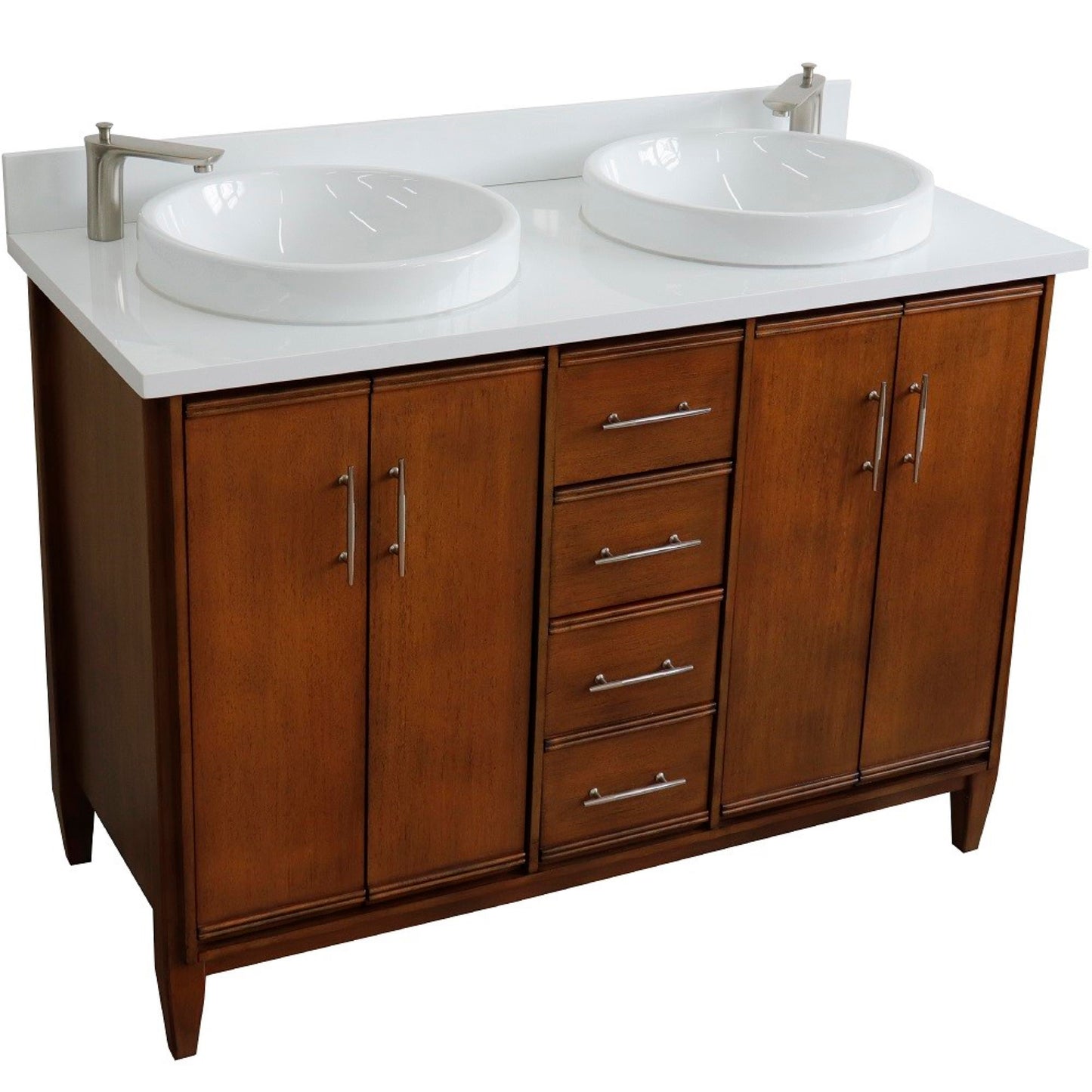 49" Double sink vanity in Walnut finish with White engineered stone and round sink