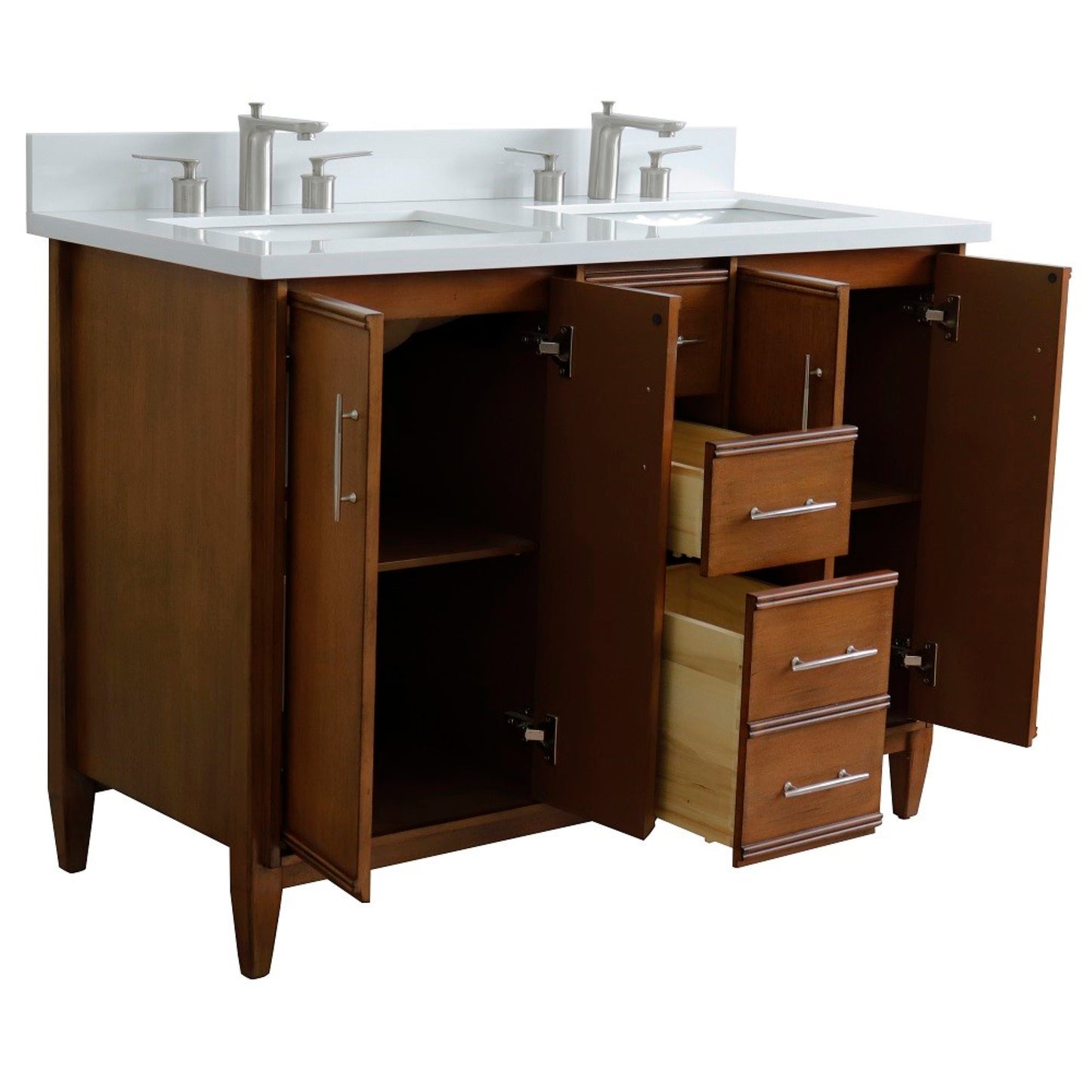 49" Double sink vanity in Walnut finish with White engineered stone and rectangle sink