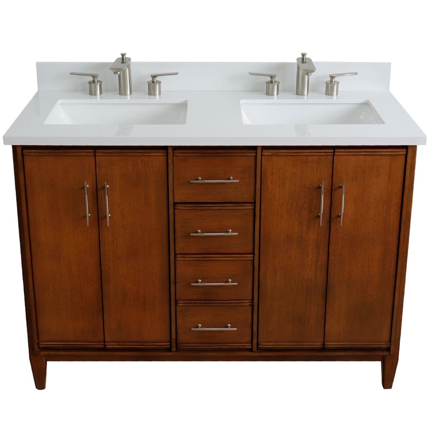 49" Double sink vanity in Walnut finish with White engineered stone and rectangle sink