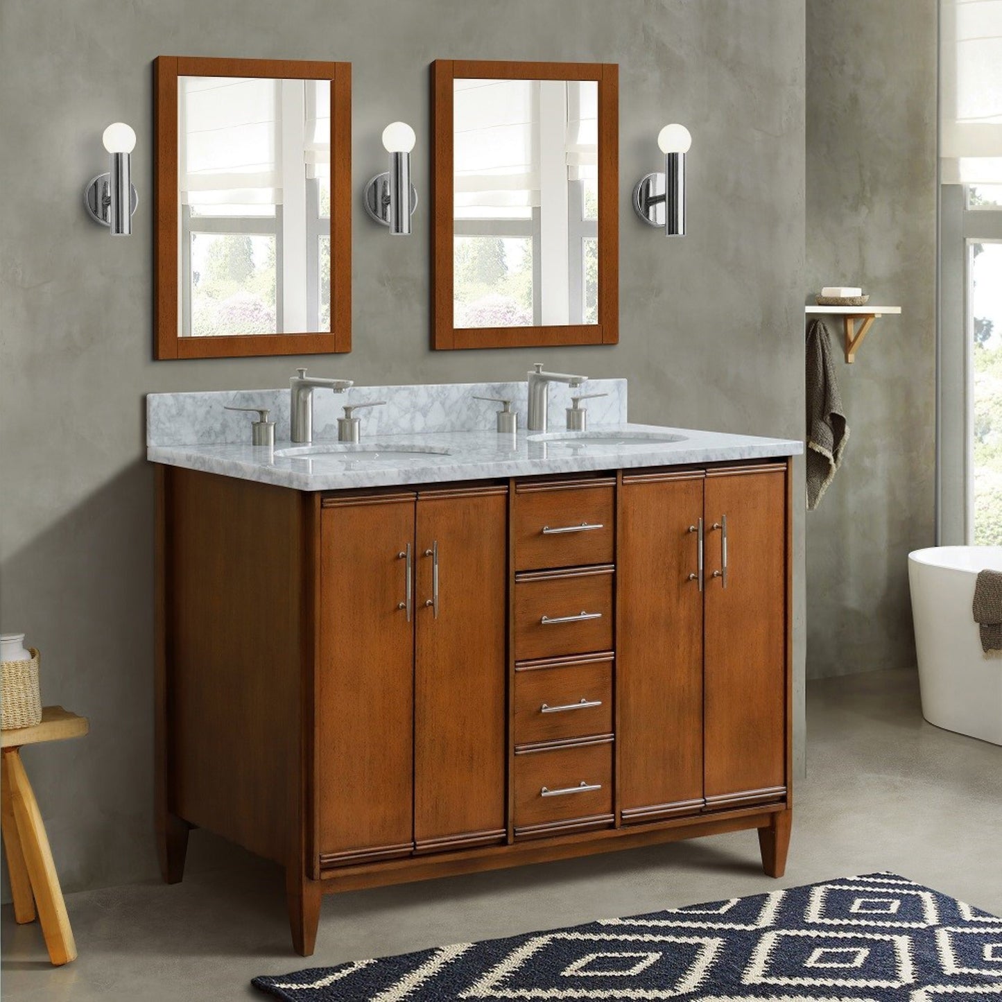 49" Double sink vanity in Walnut finish with White Carrara marble and oval sink