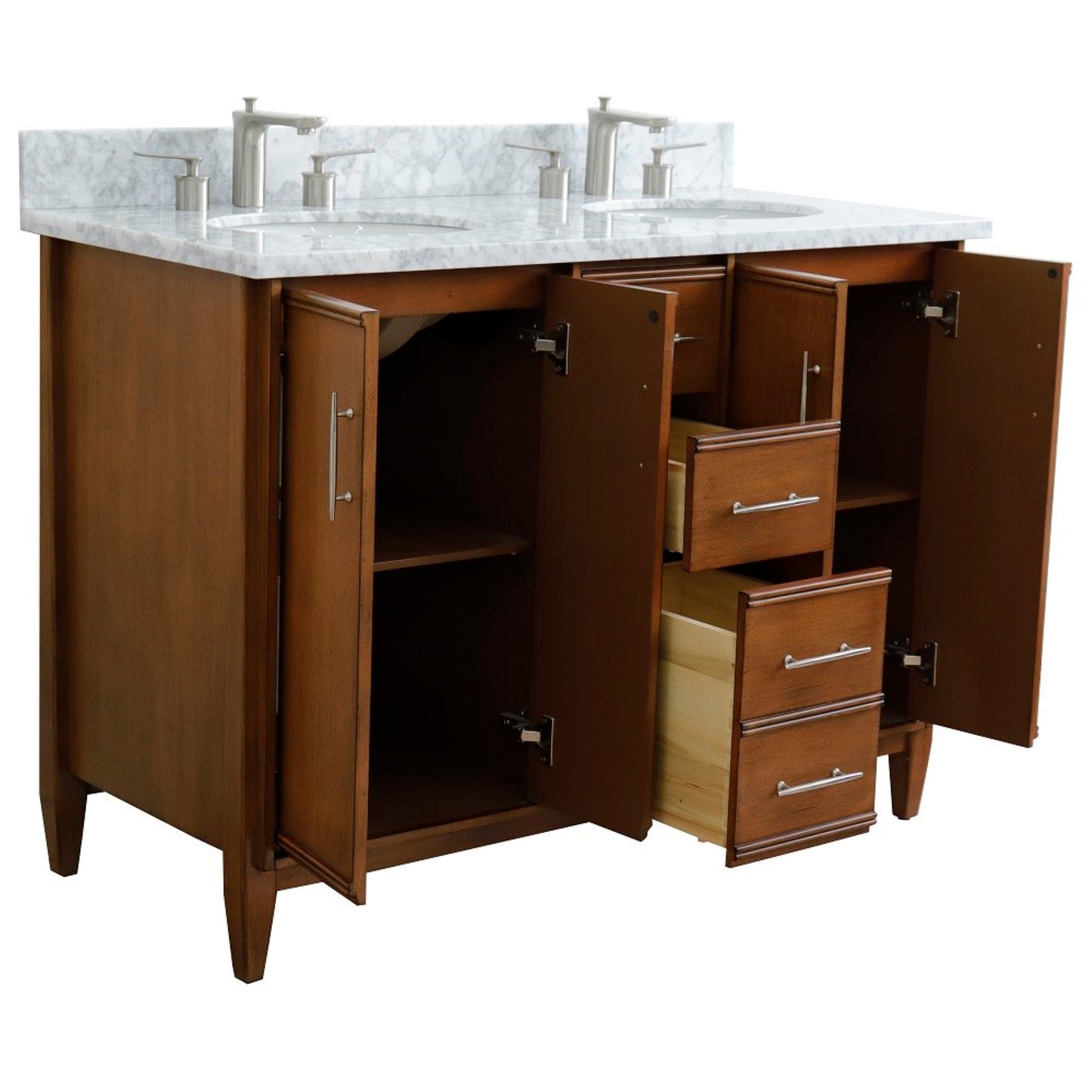 49" Double sink vanity in Walnut finish with White Carrara marble and oval sink
