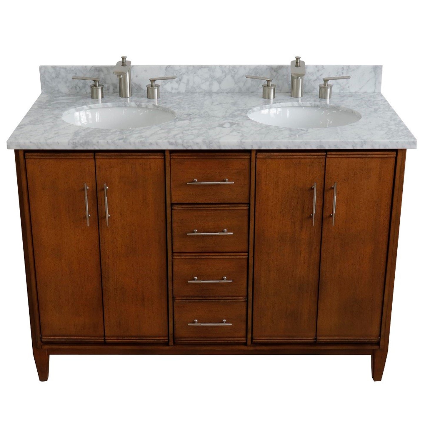 49" Double sink vanity in Walnut finish with White Carrara marble and oval sink