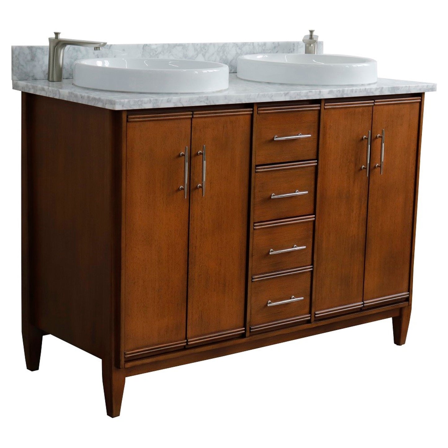 49" Double sink vanity in Walnut finish with White Carrara marble and round sink