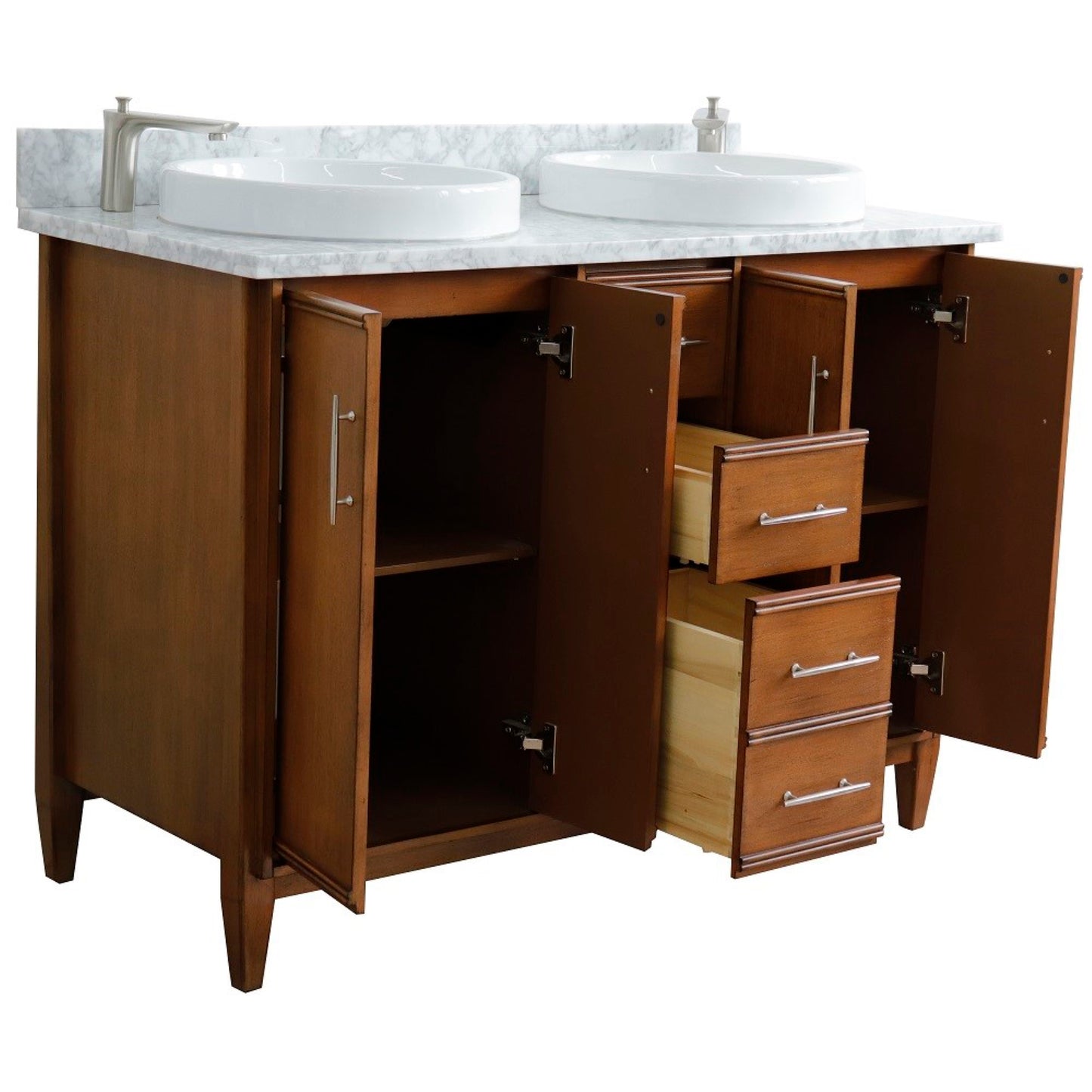49" Double sink vanity in Walnut finish with White Carrara marble and round sink