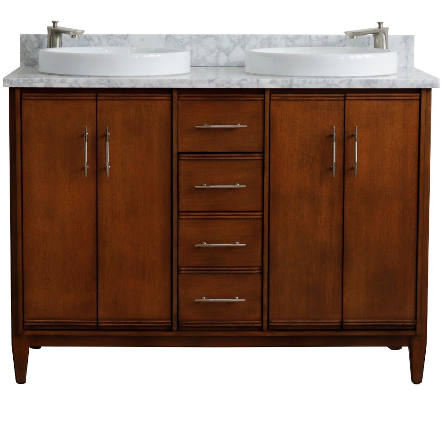 49" Double sink vanity in Walnut finish with White Carrara marble and round sink