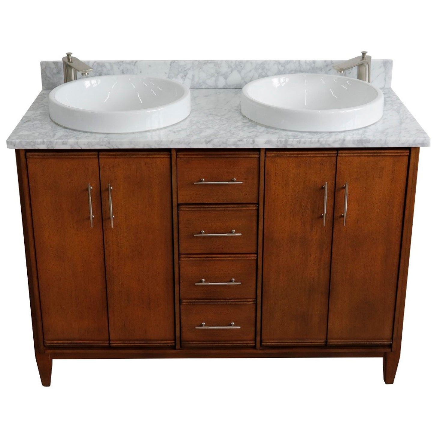 49" Double sink vanity in Walnut finish with White Carrara marble and round sink