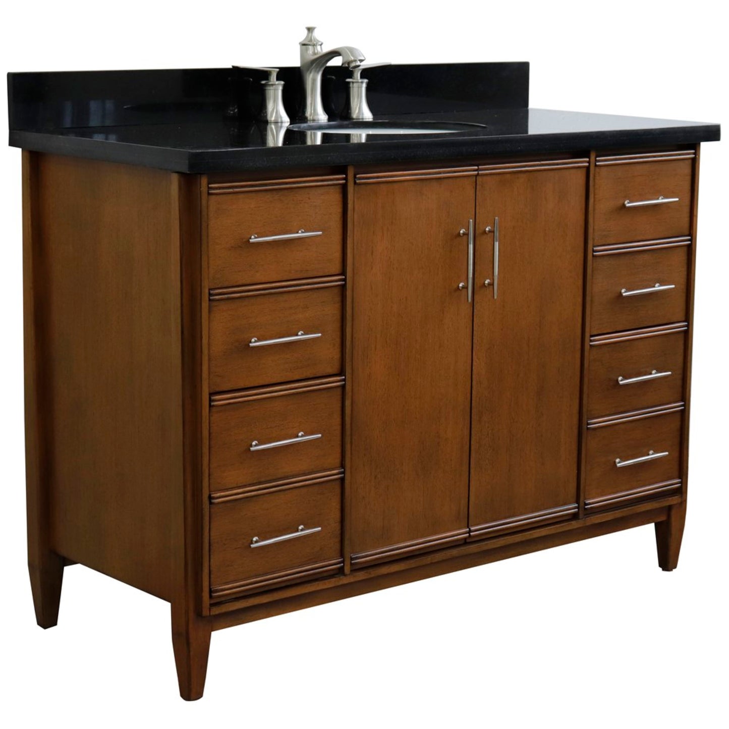 49" Single sink vanity in Walnut finish with Black galaxy granite and oval sink