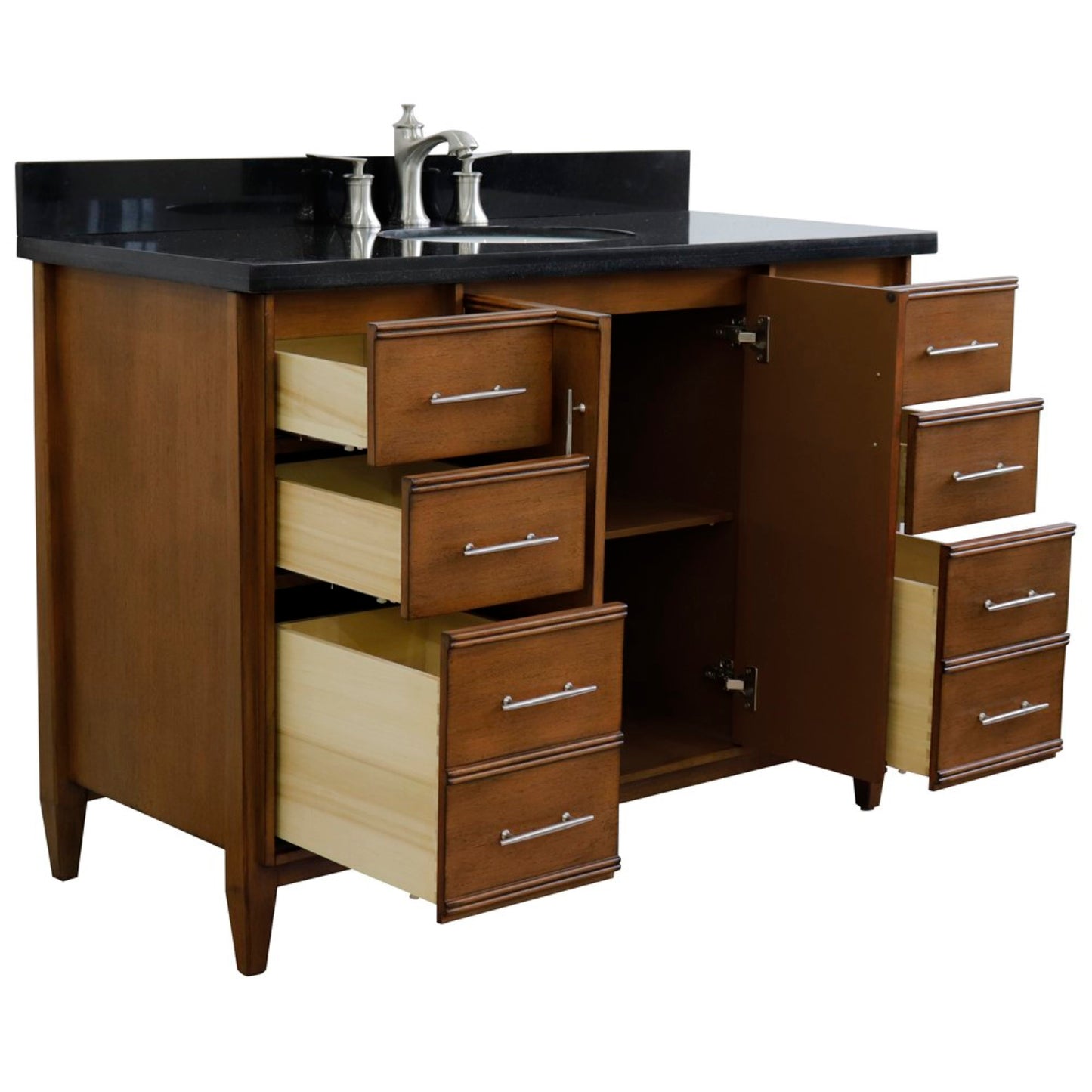 49" Single sink vanity in Walnut finish with Black galaxy granite and oval sink