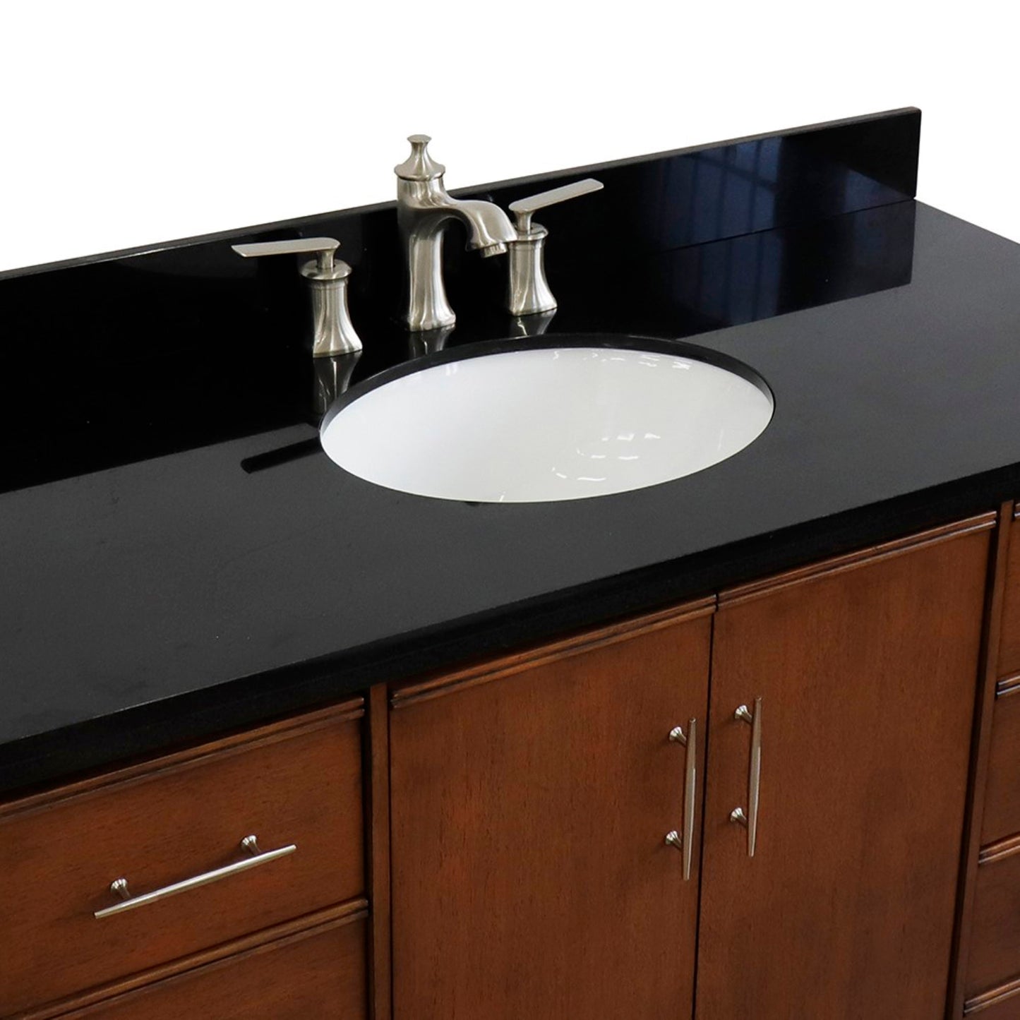 49" Single sink vanity in Walnut finish with Black galaxy granite and oval sink