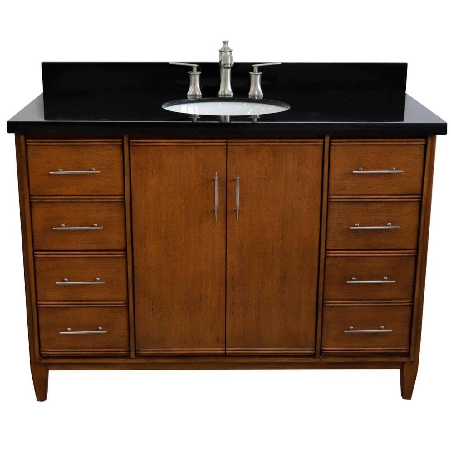 49" Single sink vanity in Walnut finish with Black galaxy granite and oval sink