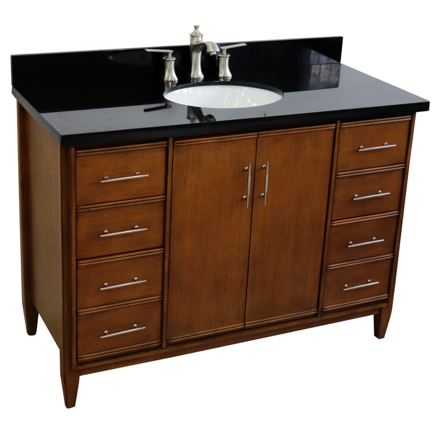 49" Single sink vanity in Walnut finish with Black galaxy granite and oval sink