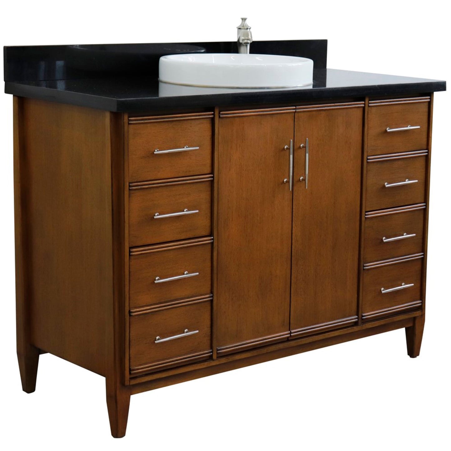 49" Single sink vanity in Walnut finish with Black galaxy granite and round sink