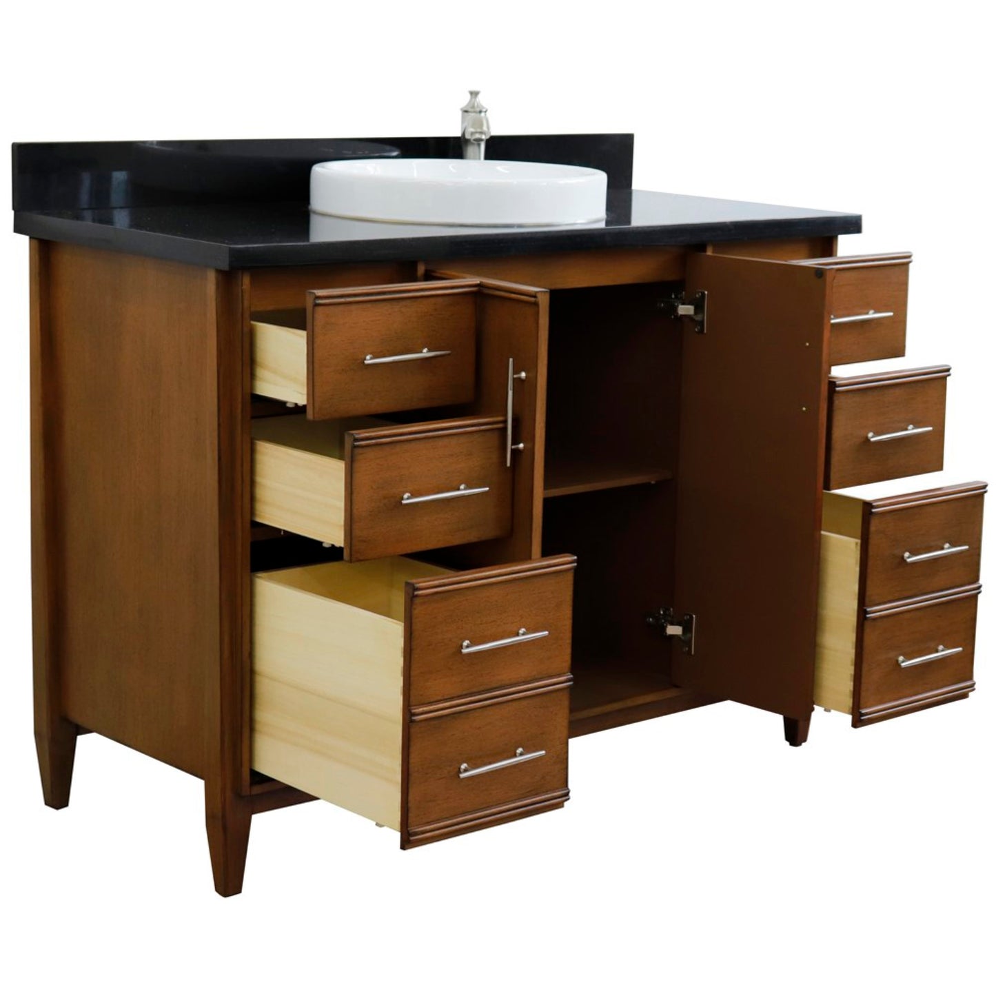 49" Single sink vanity in Walnut finish with Black galaxy granite and round sink