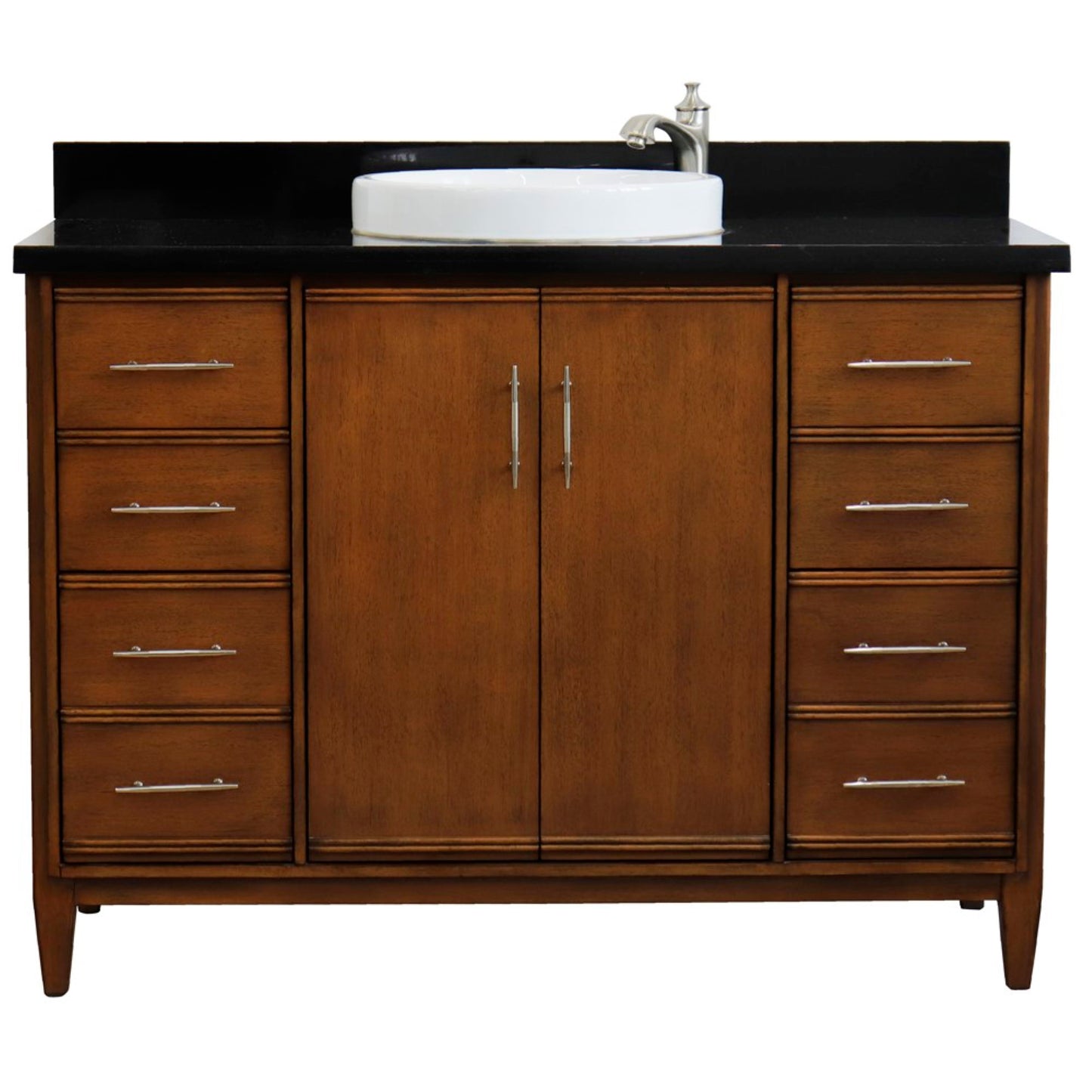 49" Single sink vanity in Walnut finish with Black galaxy granite and round sink