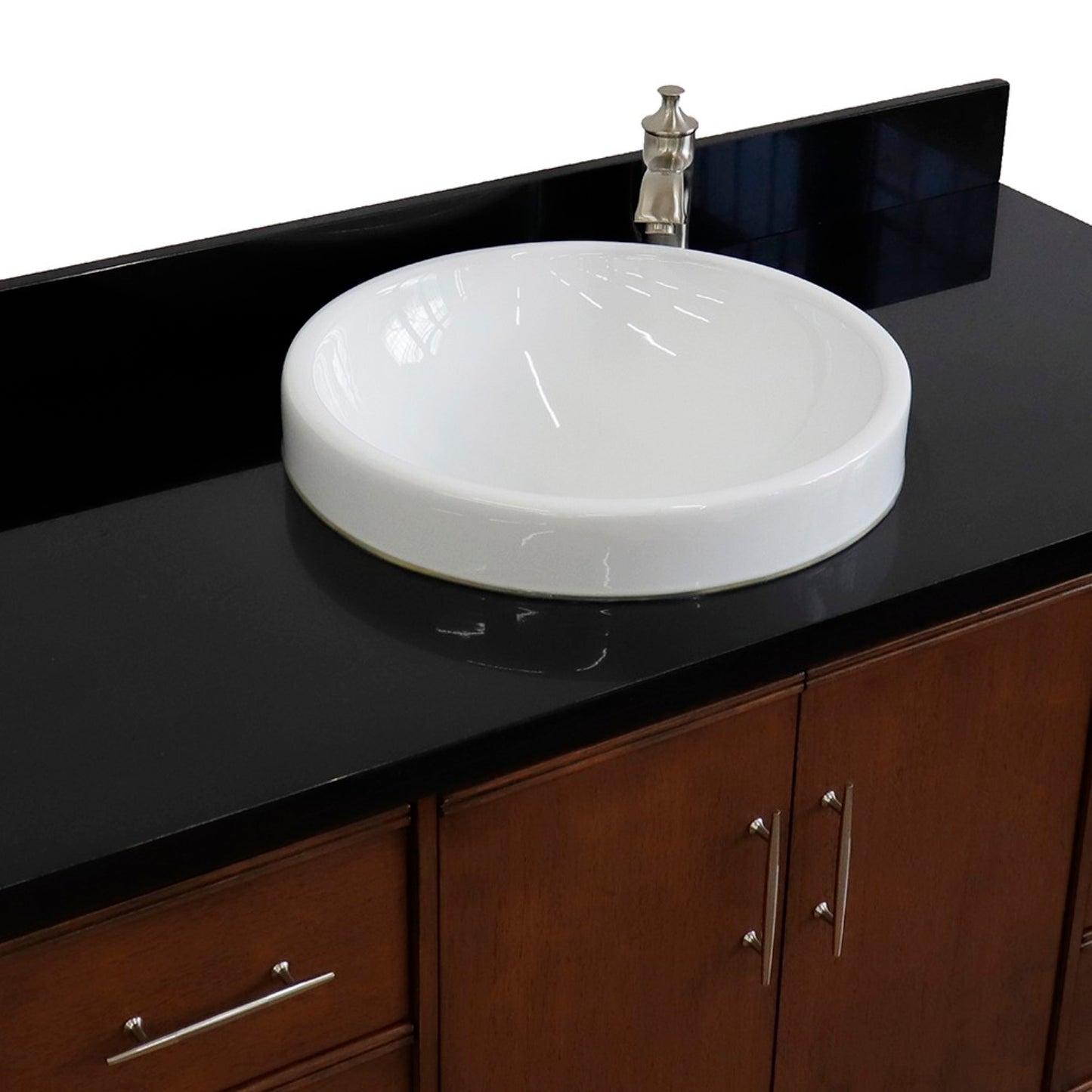 49" Single sink vanity in Walnut finish with Black galaxy granite and round sink