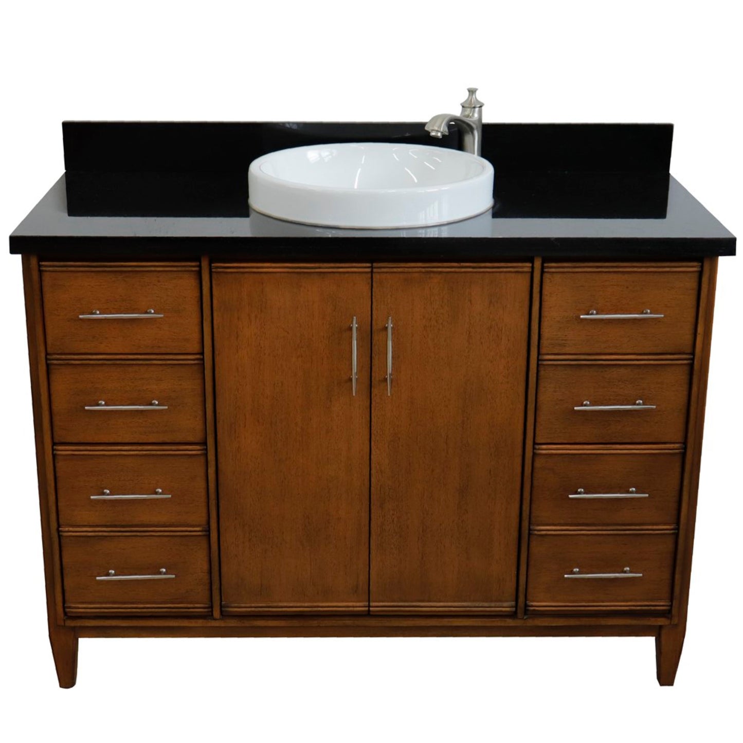 49" Single sink vanity in Walnut finish with Black galaxy granite and round sink