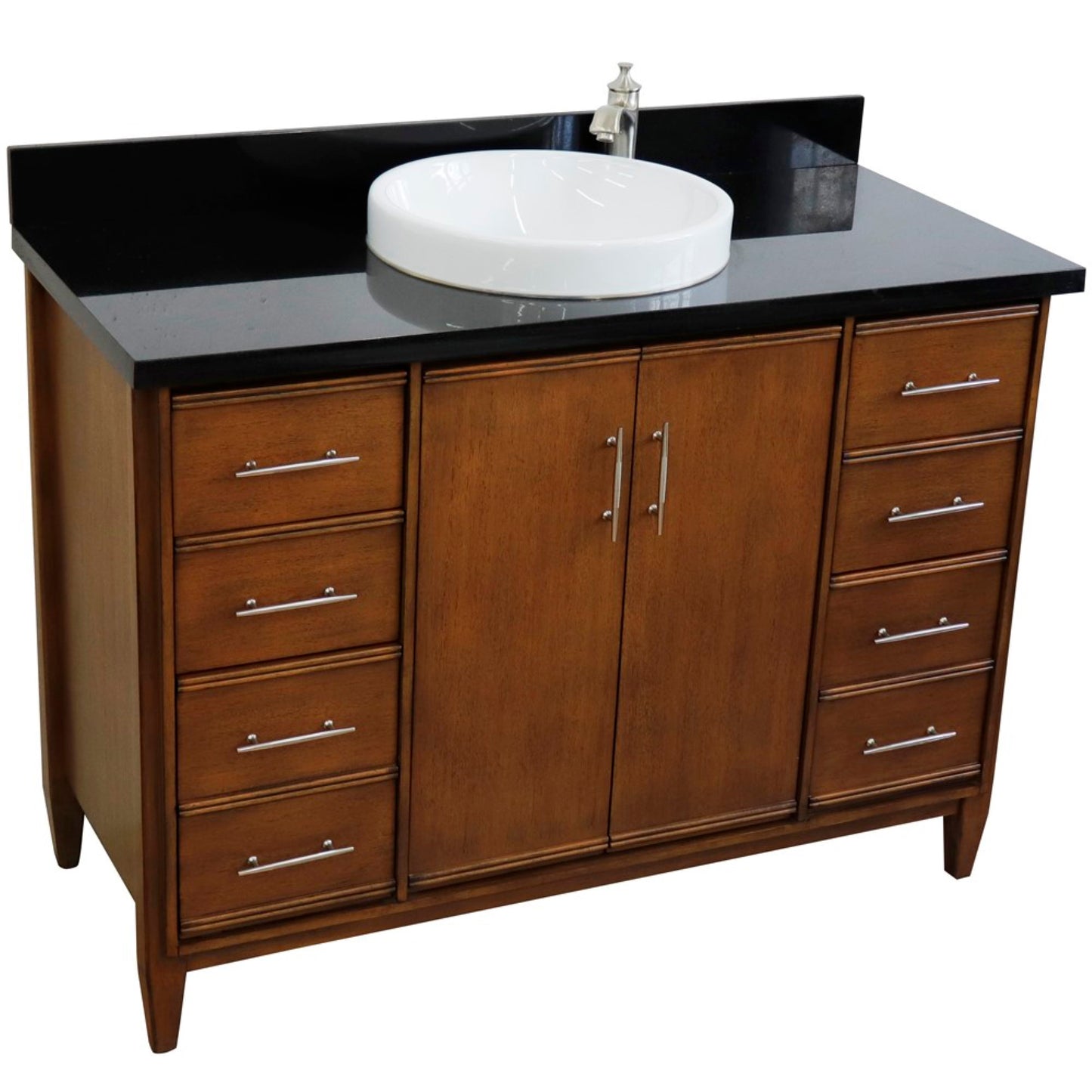 49" Single sink vanity in Walnut finish with Black galaxy granite and round sink