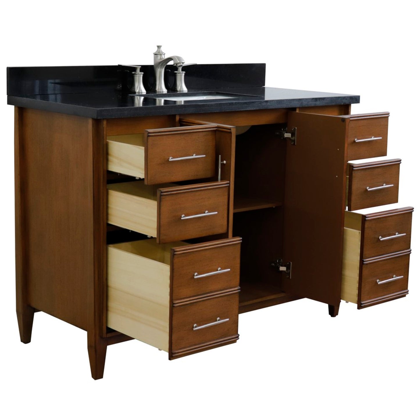 49" Single sink vanity in Walnut finish with Black galaxy granite and rectangle sink