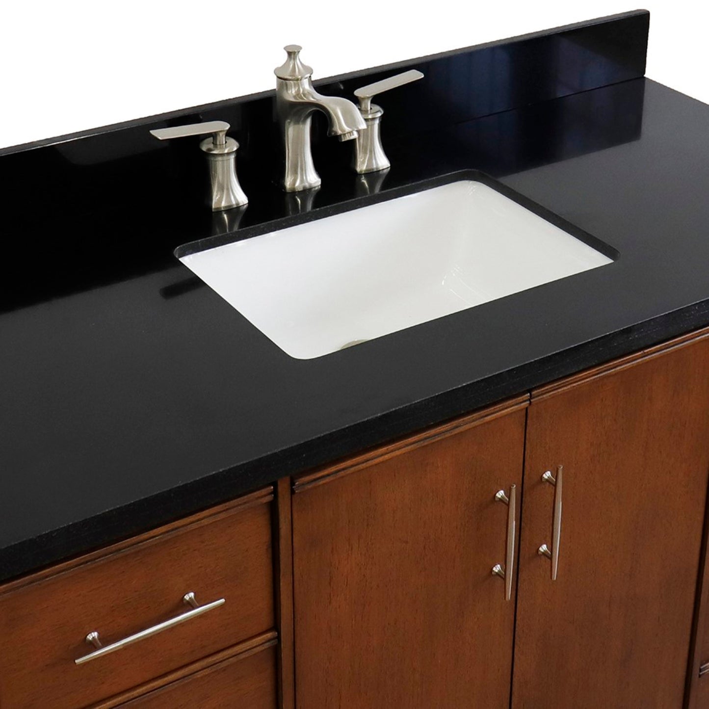 49" Single sink vanity in Walnut finish with Black galaxy granite and rectangle sink