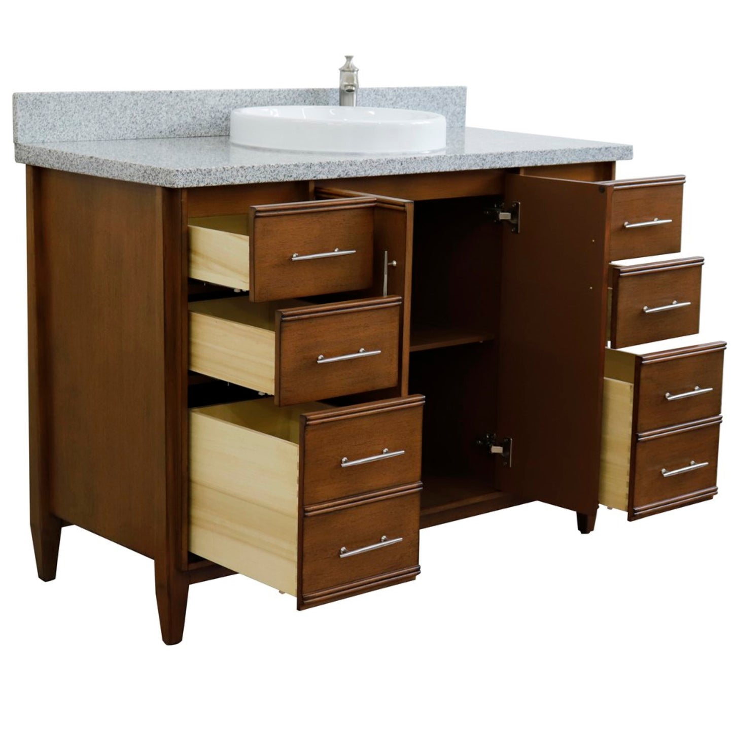 49" Single sink vanity in Walnut finish with Gray granite and round sink