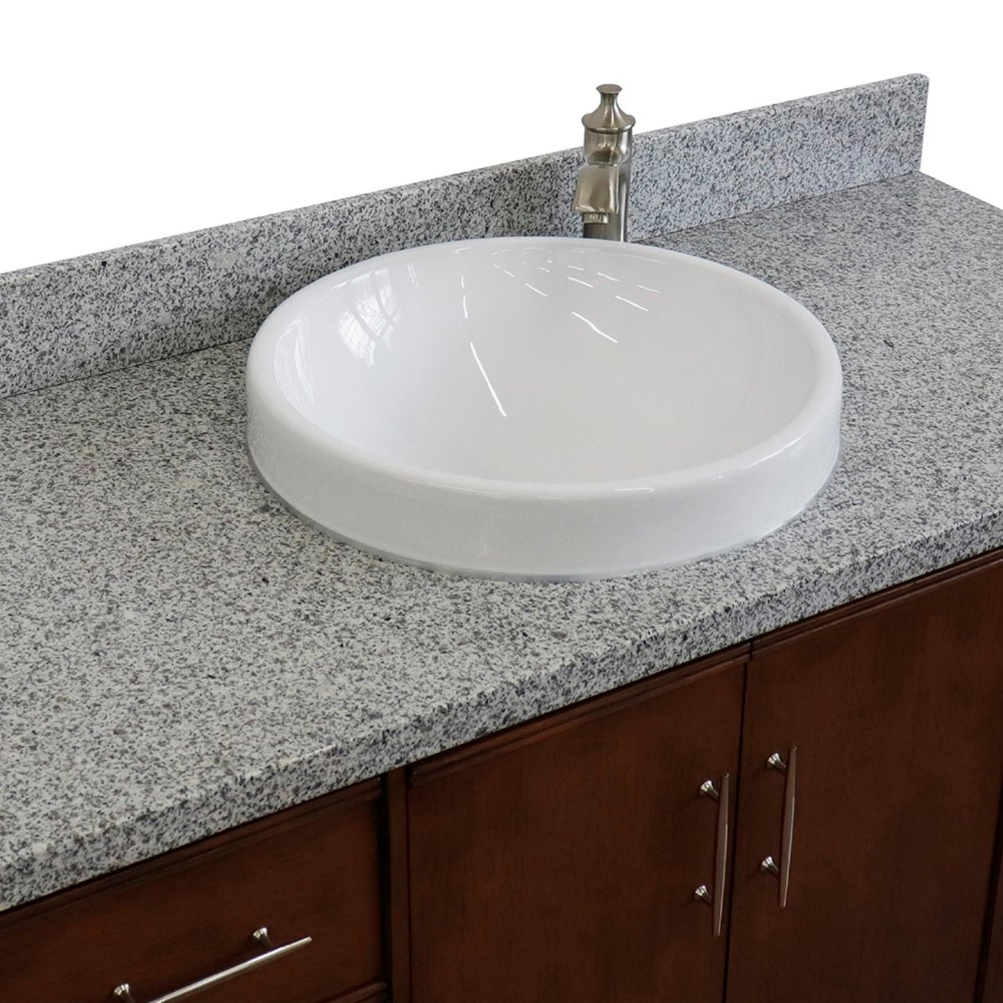 49" Single sink vanity in Walnut finish with Gray granite and round sink